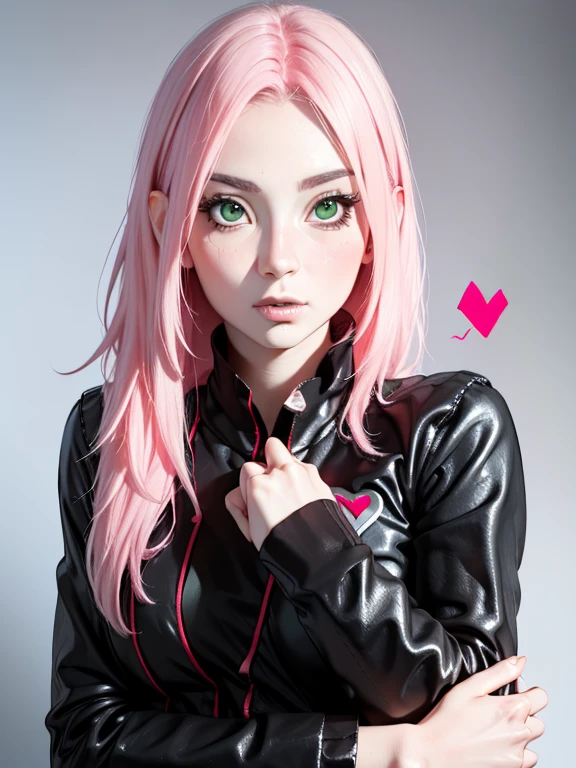 young woman, short shoulder-length pink hair, wide forehead, porcelain skin, pink eyebrows, big emerald green eyes, buttoned nose, full lips, heart-shaped face, slender body, small breasts, leather military green clothing, Sakura Haruno , realistic, Realism, details, 3d, well detailed.
