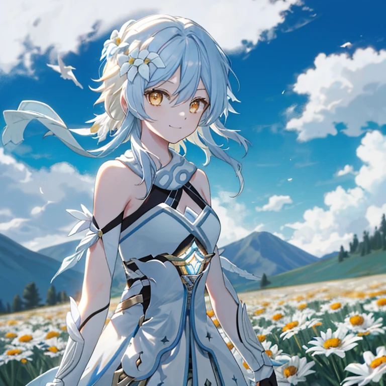 Luminedef, Upper body, smile, Make your face bright red, Exterior, Daisy Back Ground, blue sky, Long white hair, Sky Sky, cheese, View your viewers, stage, Moody Light,genre painting