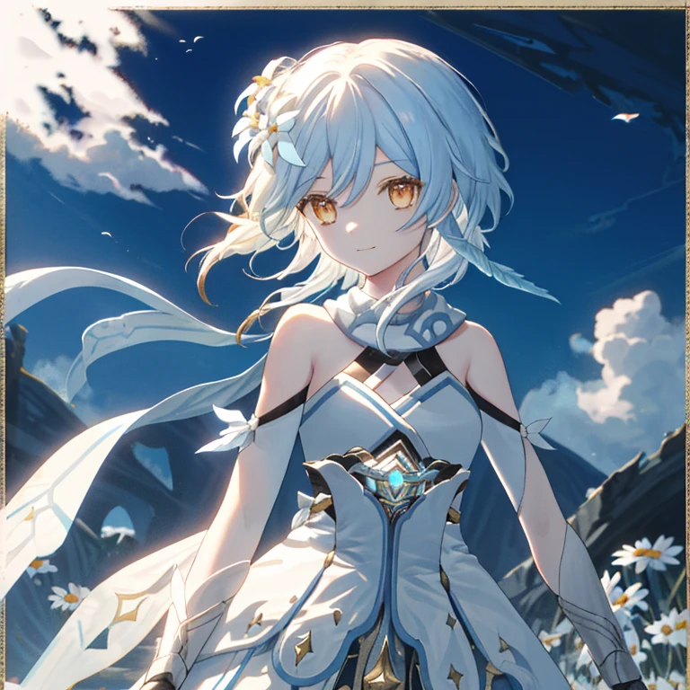 Luminedef, Upper body, smile, Make your face bright red, Exterior, Daisy Back Ground, blue sky, Long white hair, Sky Sky, cheese, View your viewers, stage, Moody Light,genre painting
