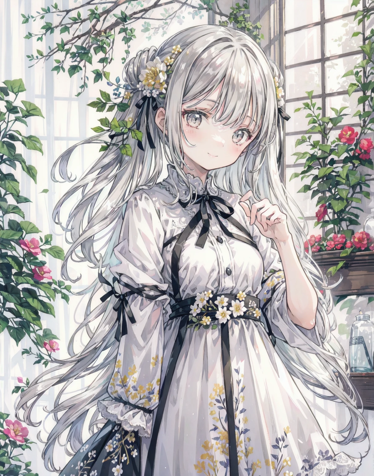 natural lighting, gentle smile, upturned cheeks, slightly shining silver gray hair, coquettish hair, half up do, silky luster, plants, flowers, spring ephemerals, 1girl, solo, flower  design hair ornament , 