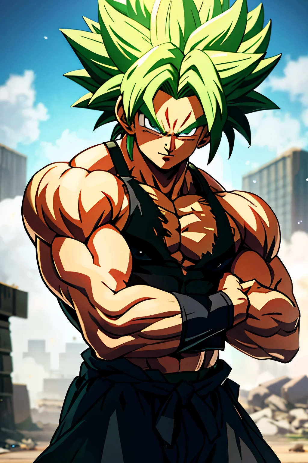 Broly, the famed Saiyan warrior, clad in tattered Bleach clothes, exudes a raw and powerful presence. His three-dimensional facial features and perfect face are marked with determination, his intense eyes piercing through the air. Despite the worn-out condition of his attire, the intricate details of his clothes are clearly visible, each thread delicately woven to showcase the masterpiece that is Broly's uniform.

The bleach stains add a layer of authenticity to his appearance, enhancing the sense of battle-hardened strength. The clothes hug his muscular frame, revealing the definition of his brawny arms and broad shoulders. With this look, Broly