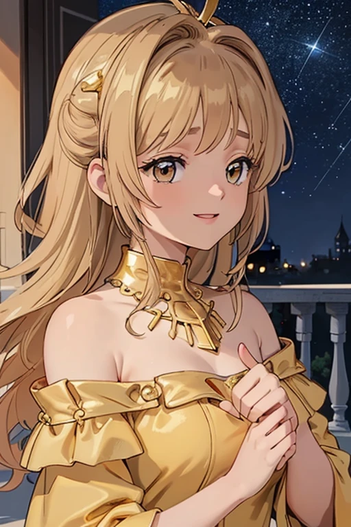 masterpiece、top-quality、(Blonde colored long hair、I have bangs:1.1)、(25 year old woman)、 (gold eyes:1.5)、(Big round eyes:1.5)(wearing a gold off-shoulder dress:1.2)、(Emphasis on the chest:1.1)、(modest smile expression:1.3)、(Staring:1.5)、(Close-up of the subject's face:1.3)、standing、five perfect and beautiful fingers、place the camera over the subject、The background is the party venue、Bold composition、Upper body is shown、Alone、Gold bracelet、Gold necklace with blue gemstone、Gold Tiara、Open your mouth、(Curly Hair)、(Large Breasts:1.0)、Gold Collar、midnight、Starry Sky、Palace balcony、(Glowing Skin:1.2)