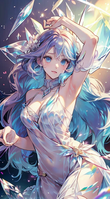 (Woman with rainbow hair),(Rainbow Hair), (colorful hair),Medium Chest,(colorfulな髪), colorful, (crystal),Shiny, Soft Light, Shiny Hair, Stunning iridescent hair and seductive eyes,Detailed face,Detailed eyes,Watercolor style、Infuse your artwork with dreamy quality, Dancing with a mixture of colors, 
The girl's hair boasts a rainbow spectrum, Each hue seamlessly flows into the next,Detailed face, Fine grain, Simple white dress, crystalフラワー, Around the flower, Glass of flowers