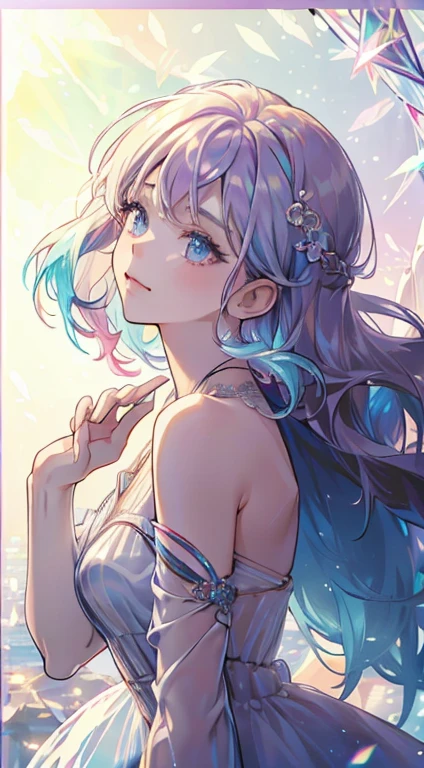 (Woman with rainbow hair),(Rainbow Hair), (colorful hair),Medium Chest,(colorfulな髪), colorful, (crystal),Shiny, Soft Light, Shiny Hair, Stunning iridescent hair and seductive eyes,Detailed face,Detailed eyes,Watercolor style、Infuse your artwork with dreamy quality, Dancing with a mixture of colors,
The girl's hair boasts a rainbow spectrum, Each hue seamlessly flows into the next,Detailed face, Fine grain, Simple white dress, crystalフラワー, Around the flower, Glass of flowers