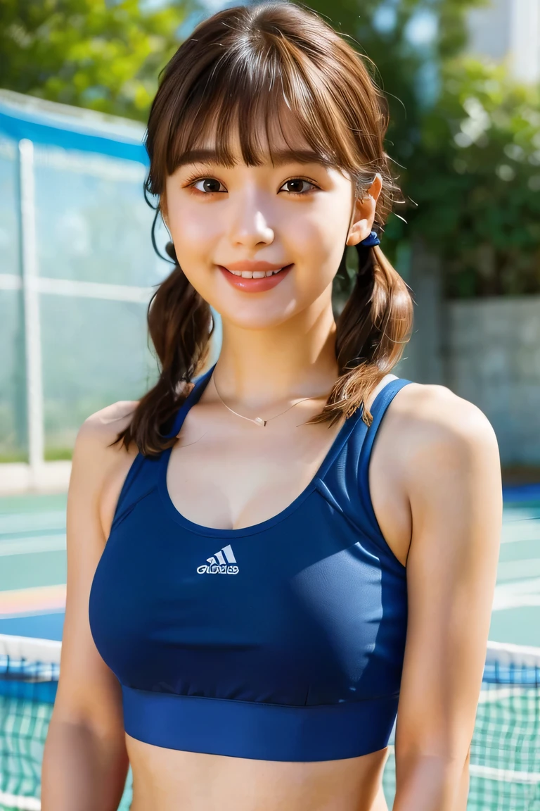 (Masterpiece, Best quality, Beautiful quality), (Extremely detailed skin,Extremely detailed eyes, Extremely detailed hair,Blunt bangs,Brown hair,twin tails,view the viewer, Best quality,Beautiful and aesthetic,Large breasts,blue sports bra,Sportswear,Take a racket,Playing badminton,School gymnasium,full bodyesbian,Depth of field, happy smile, 