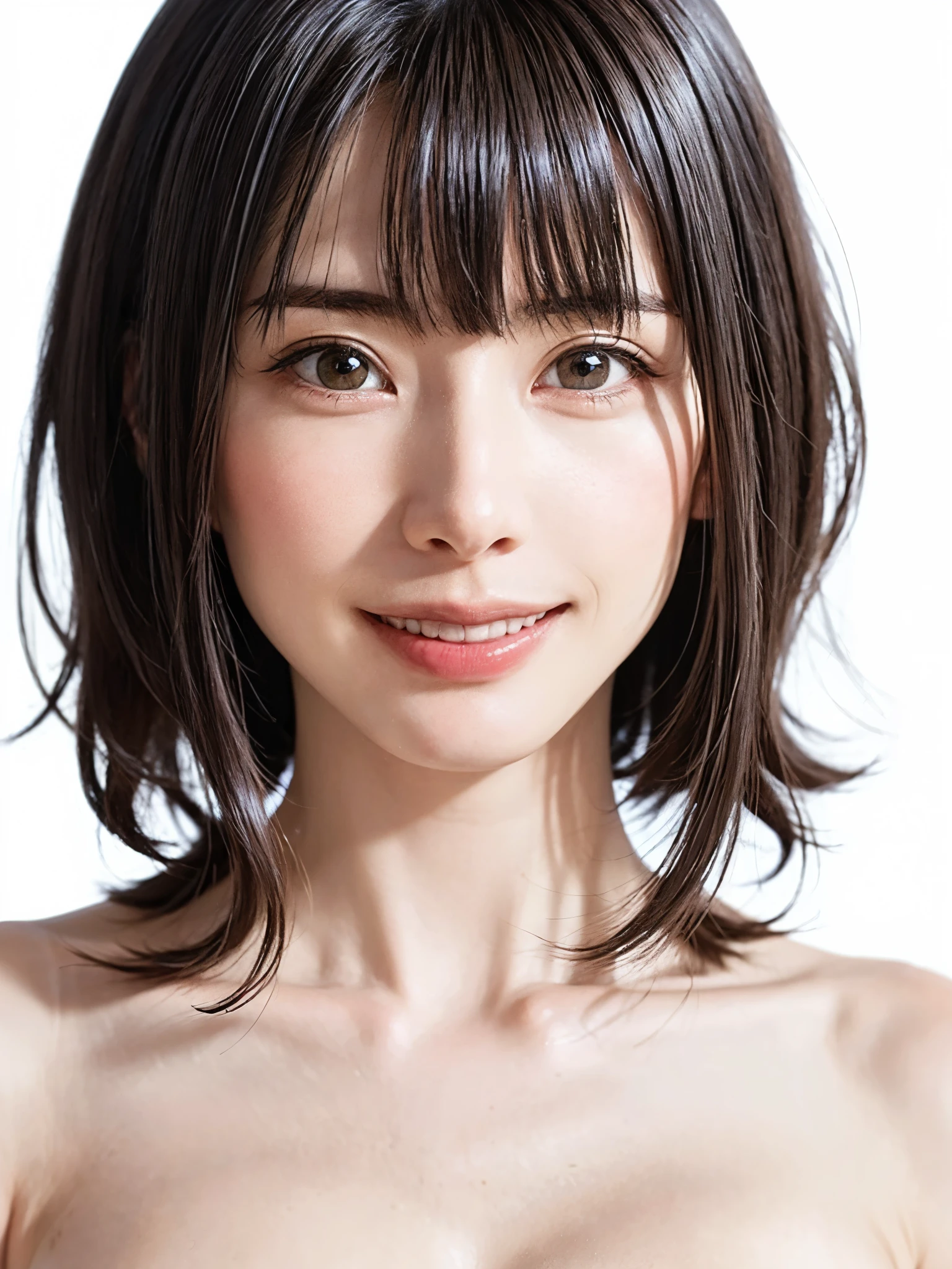 1 girl, alone, Shiny skin, chest, very detaileded, ultra detaileded, Ultra-high resolution, whole body, (Photorealism:1.4), (highest quality), (Best Shadow), Ulzzang-6500, detailed, Perfect lighting, Black Hair, ((Showpiece, highest quality, High precision)), One Girl, (big chest, Realistic: 1.4), (look up at the camera even a little, カメラをlook up, look up, look up at the camera, Looking into the camera))), alone, , White Background, snow-White Background, shut up., smile, pretty Black Hair, short hair:1.6, Big eyes, Transparent double eyelids, eyelash, listen, Long neck, 美しいLong neck, Absolute area, ((Face close-up, short hair with bangs)), 19 years old, Attractive proportions, Shiny skin, Beautiful clavicle, Golden ratio face, Perfect Face, Teardrop-shaped mole, chestのほくろ, bangs, clean bangs, beautiful bangs, Lip gloss, Thin lips, White skin, I took off my clothes, big chest, Small face, Small face, 少し上を向いてLooking into the camera, ((smile a little for the camera, really nothing pure White Background, Listen carefully、very big big chest, big chest、Dynamic Angle:1.5))