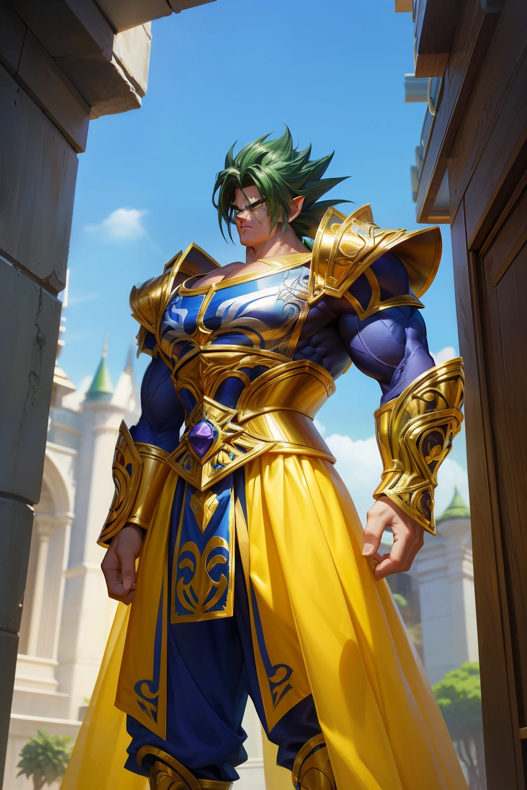 Broly, the mythical Saiyan warrior, dons medieval armor for an epic battle. The intricately designed armor suits him perfectly, covering his strong muscles and towering frame. Shining metals and ornate patterns adorn his protective gear, giving him a regal and intimidating appearance. This detailed, hyper-realistic depiction brings Broly to life as a brooding knight in the midst of a medieval fantasy. (Broly, medieval armor, knight, intricate patterns, ornate details, hyper-realistic, shining metals)
