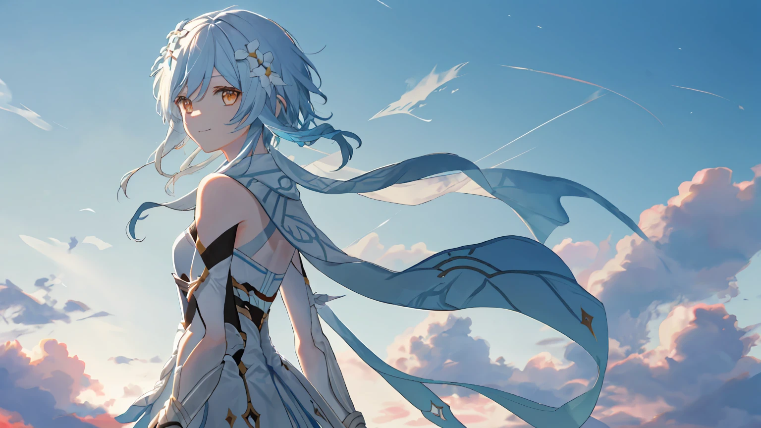 Luminedef, Upper body, smile, Make your face bright red, Exterior, Daisy Back Ground, blue sky, Long white hair, Sky Sky, cheese, View your viewers, stage, Moody Light,genre painting