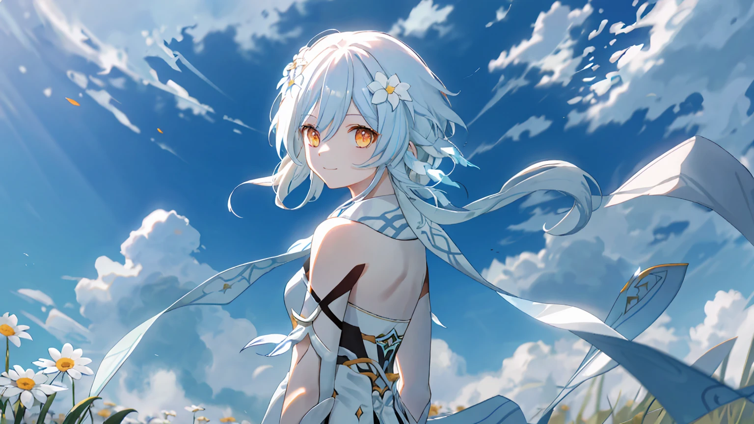 Luminedef， Upper body， smile， Make your face bright red， Exterior， Daisy Back Ground， blue sky， Long white hair， Sky Sky， cheese， View your viewers， stage， Moody Light，genre painting