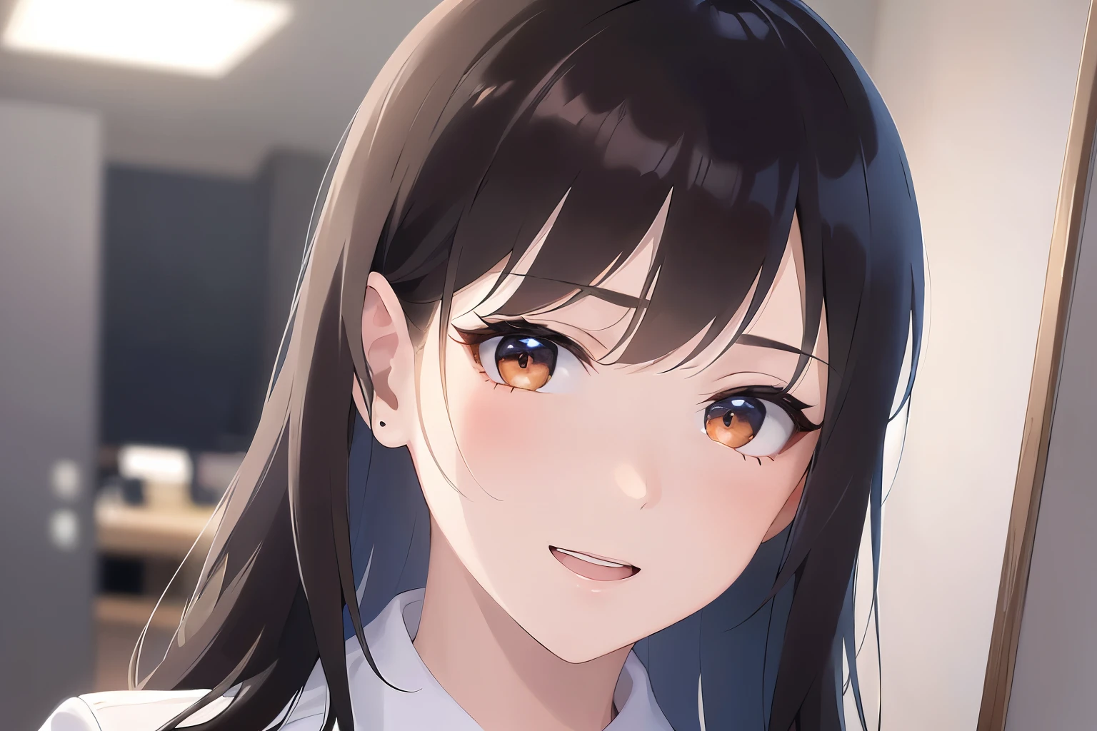 Upper Body, Realistic, real person, (pale skin: 1.2), RAW photo, photorealistic, portrait photography, shiny skin, shiny hair、(A 25-year-old woman with medium-length hair and bangs) and (wavy hair) and (brown hair) and (orange eyes) , (business suit:1.5) and (White shirt） 、grin, open mouth, The background is the office、Alone、Are standing
