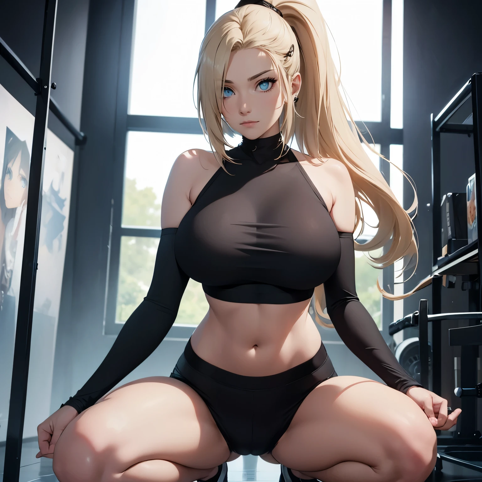 (masterpiece), anime, Best quality, good anatomy, one girl, (on your knees), blue eyes, Big breasts, realistic face, gloomy face, Looking down, blonde hair, ponytail, hair covers the left eye:1, navel ,bare shoulders, tight black top, black pants, tall legs, beautiful legs, gym, Reflectors, 8K masterpiece, super detail, film movie, best quality, best ditails, detailed face, detailed eyes, camera from bellow