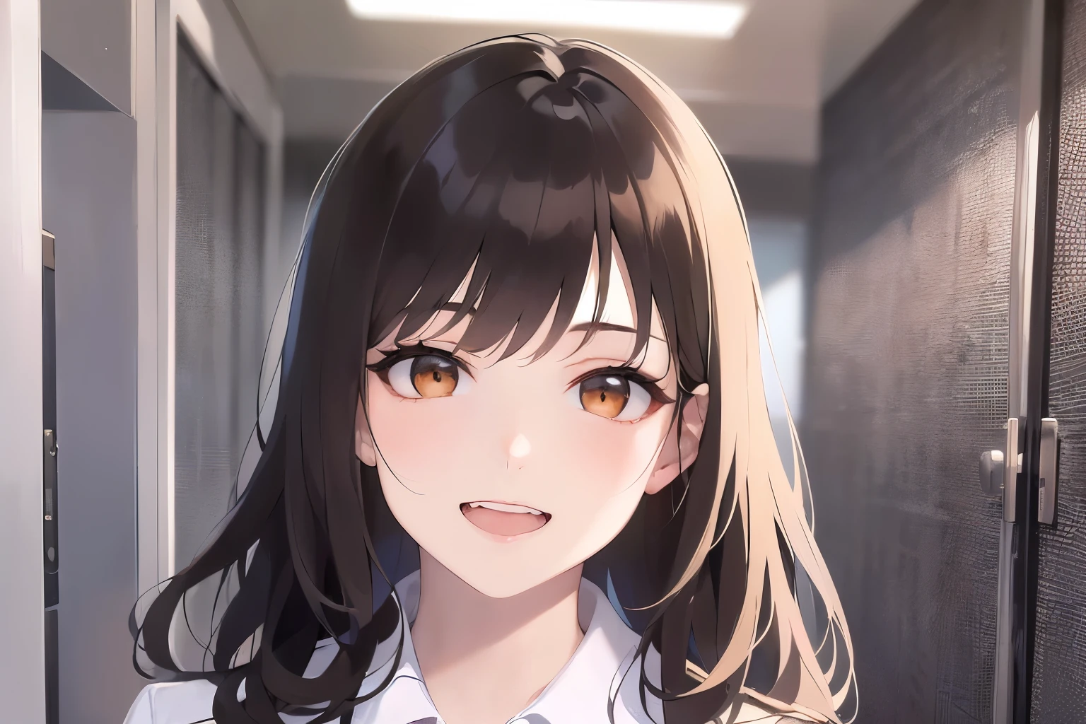 Upper Body, Realistic, real person, (pale skin: 1.2), RAW photo, photorealistic, portrait photography, shiny skin, shiny hair、(A 25-year-old woman with medium-length hair and bangs) and (wavy hair) and (brown hair) and (orange eyes) , (business suit:1.5) and (White shirt） 、grin, open mouth, The background is the office、Alone、Are standing