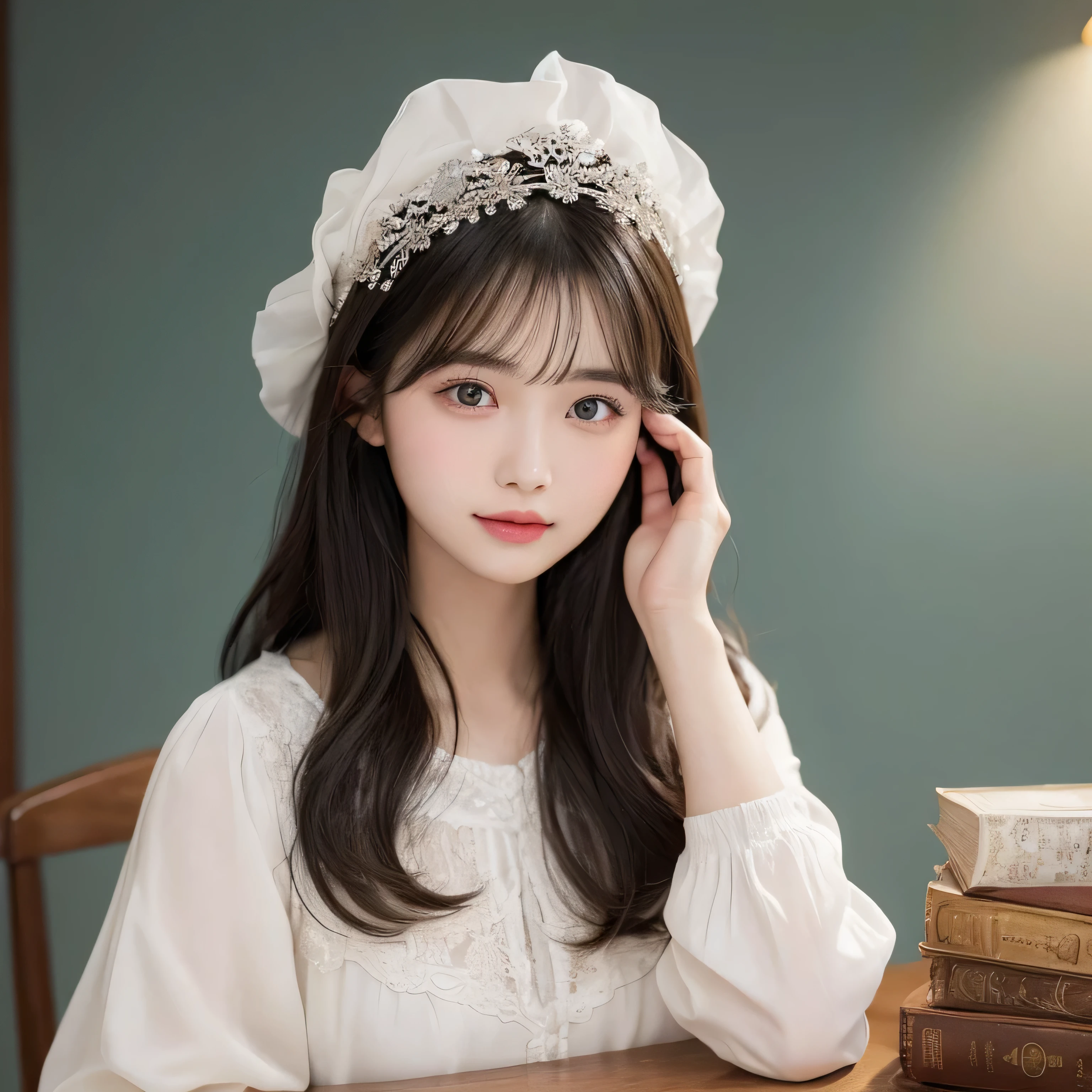 A beautiful Chinese girl in her late teens, with long, black hair cascading down her shoulders, is intently focused on reading a textbook spread out on a table. The table, made of the highest quality wood, is perfectly shaped and finely detailed, making a beautiful and dynamic contrast against her slightly wrinkled white blouse. The textbook itself is an 8k wallpaper, with a super detailed and intricate cover, and the pages are filled with beautiful and detailed illustrations. Her big, beautiful eyes are bright and sparkling, and her small, natural color lips are slightly parted, revealing a cute and slight smile. Her brows are perfectly shaped, framing her beautiful and detailed face. The background is