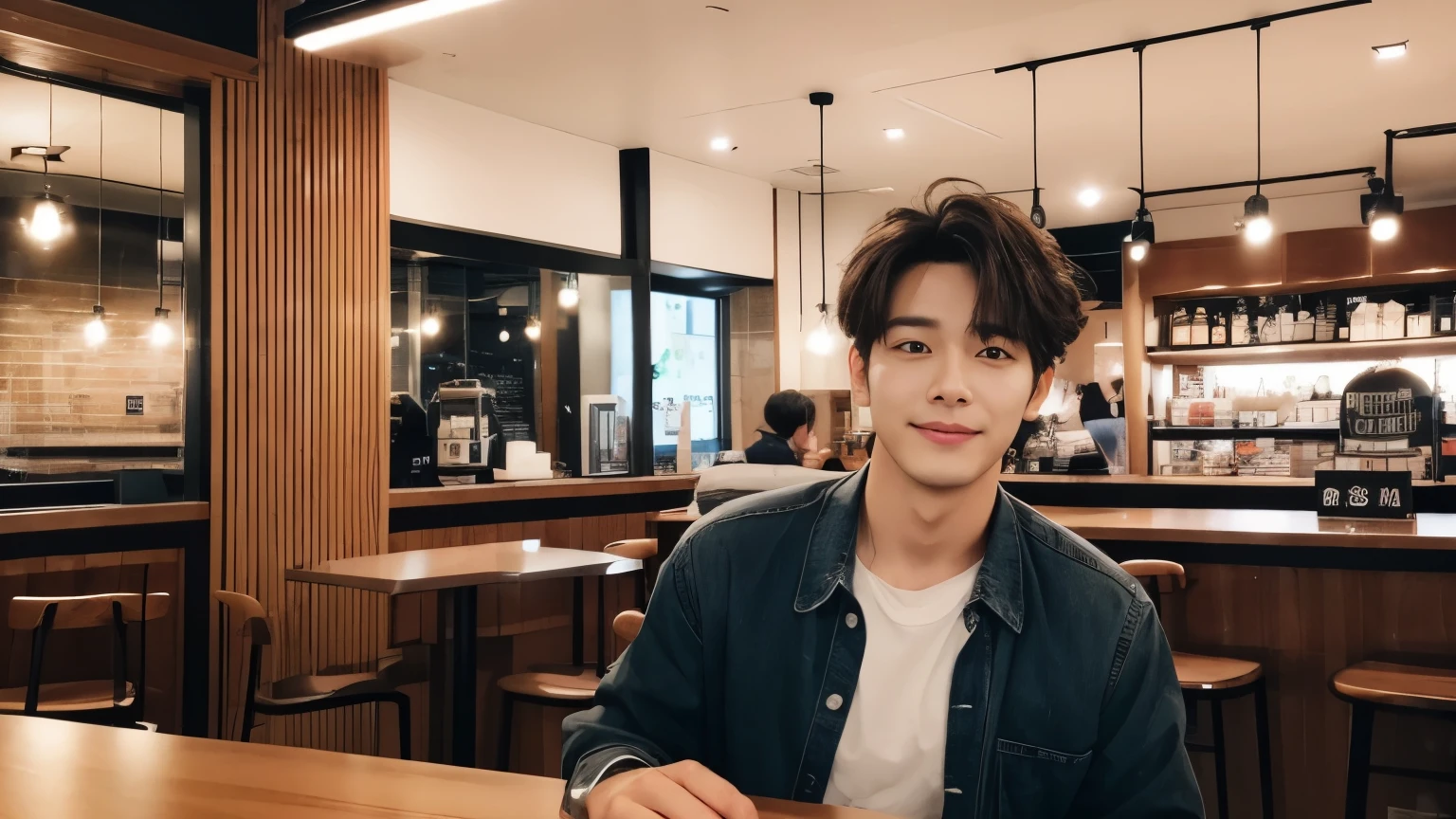musician、A refreshing, handsome man in his 40s、(Super cool S-class guy)、Japanese Male, 30 years old、、Photographed inside the cafe、a handsome guy、(CG Unity 8K high resolution photo)、(Very detailedSクラスのa handsome guy性)、(Realistic)、(highest quality))、Very detailed、super high quality、expensive、audience、kind person、Very beautiful hair Perm Hair、Bright photo、Handsome like a model、Handsome like an idol、Looking at the camera、inside a stylish cafe