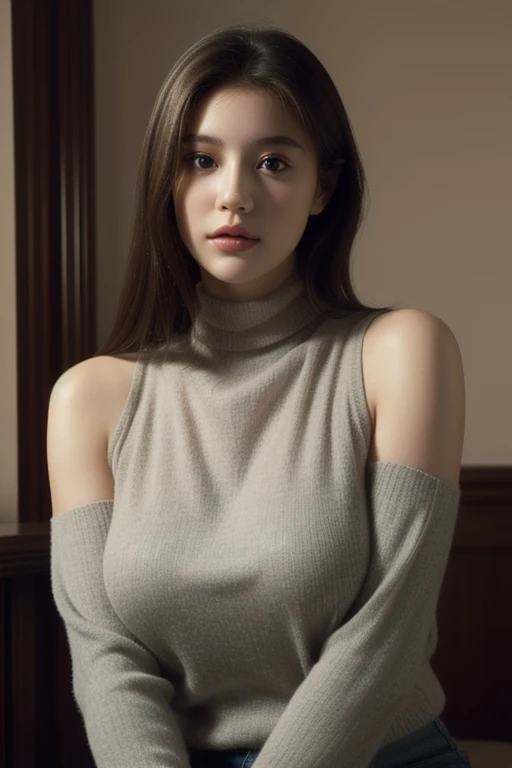 ((dressed)), (photo realistic:1.4), (hyper realistic:1.4), (realistic:1.3),
(smoother lighting:1.05), (Improve the quality of cinematic lighting:0.9), 32k,
1 girl, 30 year old girl, perfect face, beautiful face, sweater, turtleneck, sleeveless, bare shoulder, gorgeous, gorgeous female, beautiful, perfect saggy breasts, charming, perfect female body, fancy lighting, perfect skin, soft skin.
(Enhance the mood of your body line:1.1), (Enhances the beauty of skin texture:1.1)