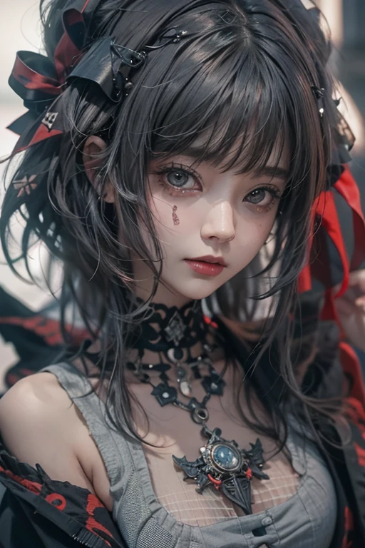 top-quality、8K、​masterpiece：1.3、Gothic punk、Red inner color、A grey dark-haired、short hair, hair adornments、a beauty girl、creative、dark fantasy style、Neogos、punk shirt Fashion：1.2、hight resolution、​masterpiece、top-quality、headw:1.3、((Hasselblad photo))、Fine-grained skin、Sharp Focus、(lighting like a movie)、Realistic texture, chest together 