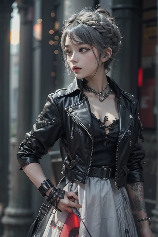 top-quality、8K、​masterpiece：1.3、Gothic punk、Red inner color、A grey dark-haired、short hair, hair adornments、a beauty girl、creative、dark fantasy style、Neogos、punk shirt Fashion：1.2、hight resolution、​masterpiece、top-quality、headw:1.3、((Hasselblad photo))、Fine-grained skin、Sharp Focus、(lighting like a movie)、Realistic texture, chest together 