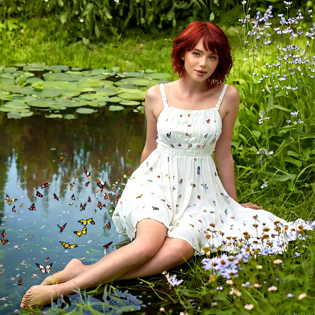 (Photorealistic image :1.7) of Tara with short dark red hair sitting on the grass in a lush garden. She is wearing a flowing white sundress, her feet are ????. Sunlight reflects off the rippling pond, illuminating her face from below, soft muted colors, scattered wildflowers, lush greenery, ((many colorful butterflies)), dreamy quality, medium shot. face half in shadow, dappled with light reflections from the water.