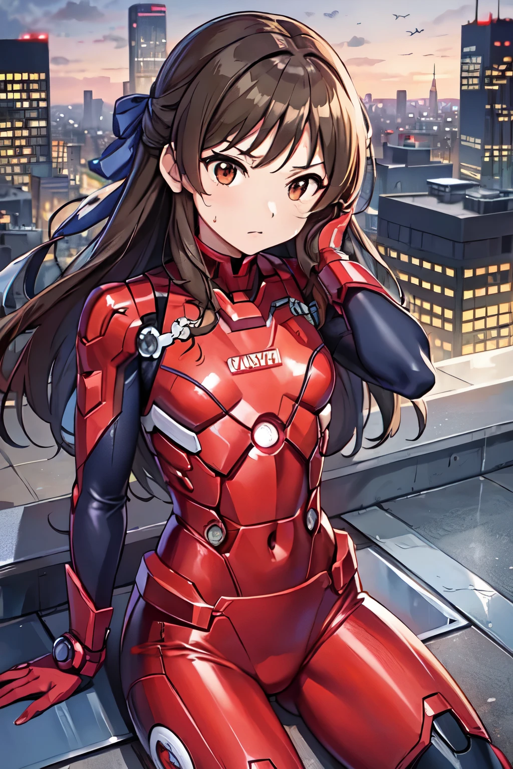 (((Tachibana　Alice、iM@S)))Primary school students、child、Long Hair、((Small breasts、Small breasts、child体型、Angry、injured body、Blue ribbon))、((Silver Iron Man suit、Crotch crack))、City of night、Rooftop、Boxing stance、8 year old 、Realistic body、battlefield、Fight the enemy、A body covered in scars、Struggled、Sweating profusely