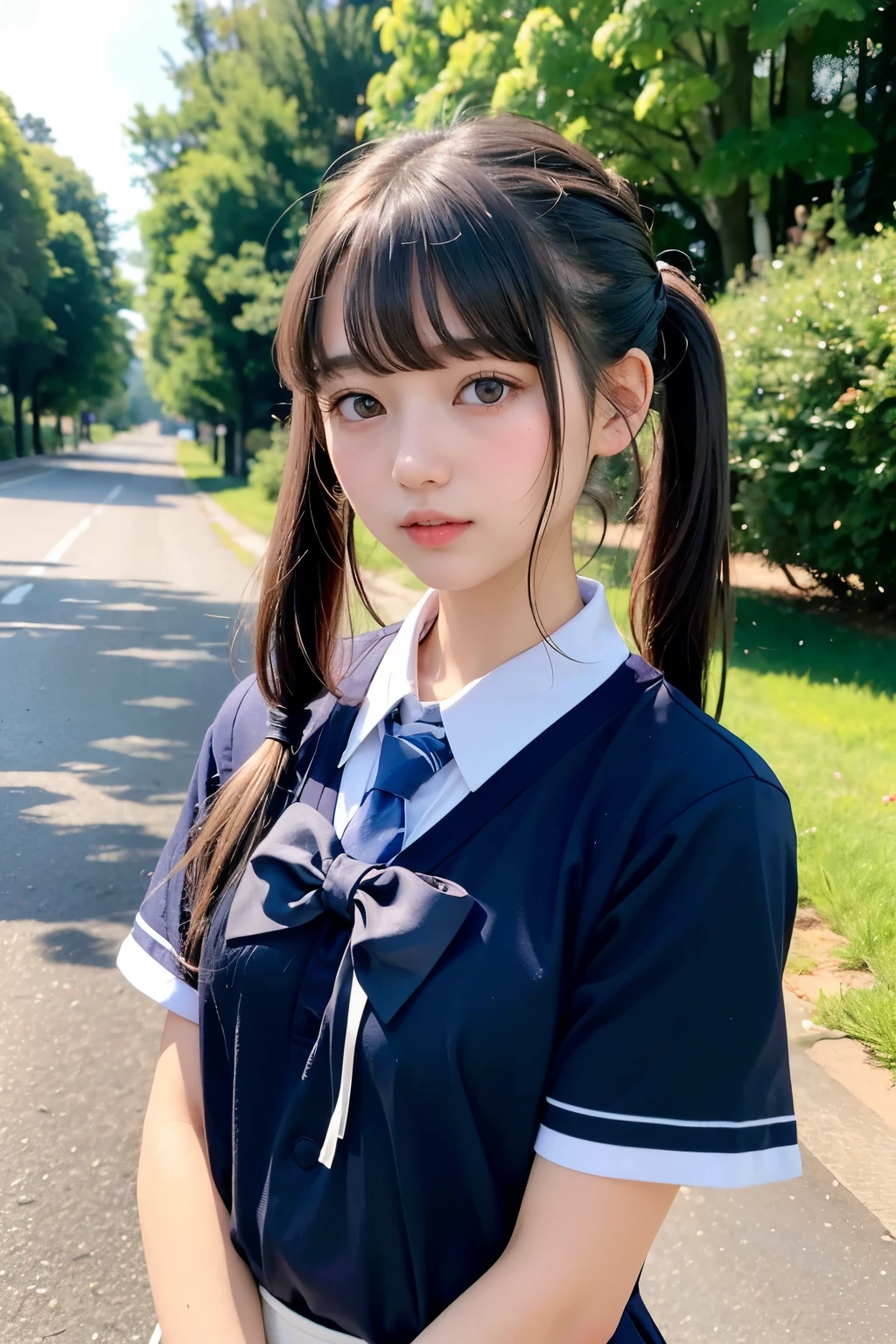 ((Highest quality))、(masterpiece:1.3)、Raw photo、8k、(Highest quality)、(Highest Resolution)、Beautiful face in every detail、Real、フォトReal、(The most beautiful woman:1.3)、(The finest women) :1.3)、high school girl、(Small face)、Short Twin Tails、(high school girlの制服)、(The cutest girl)、(The cutest girl)、(The most beautiful girl in school:1.3)、(Country Road:1.3)、(With bangs)、(On the way to school)、(( 18 year old beauty))、Beautiful Hair、Long neck、tie、Everyone longs for、summer、Short sleeve、Red cheeks、(Big eyes)、necklace、Cute hairstyle、[[[smile]]]、clock