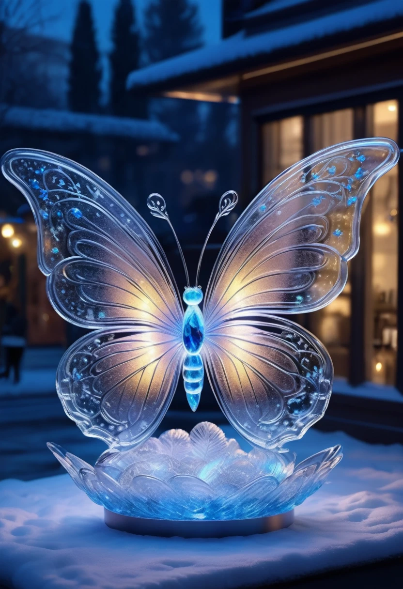 3D transparent ice sculpture without base, (Basket butterfly with gorgeous wings),flashing basket lights, Luminous particles,Practical,Very detailed art masterpiece HD