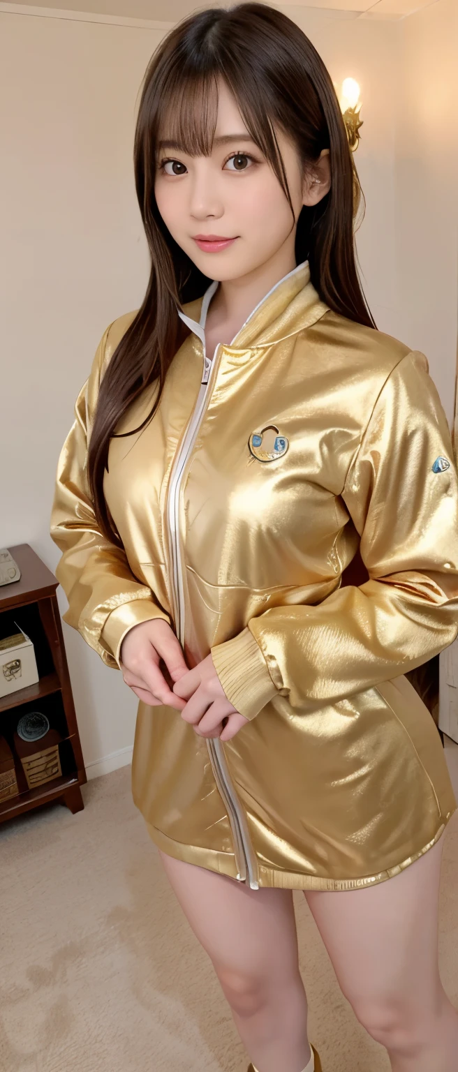 Gorgeous idol girl、whole body、Good style、、、gold mini dress、、、、、、Star-decorated room、Gorgeous track jacket