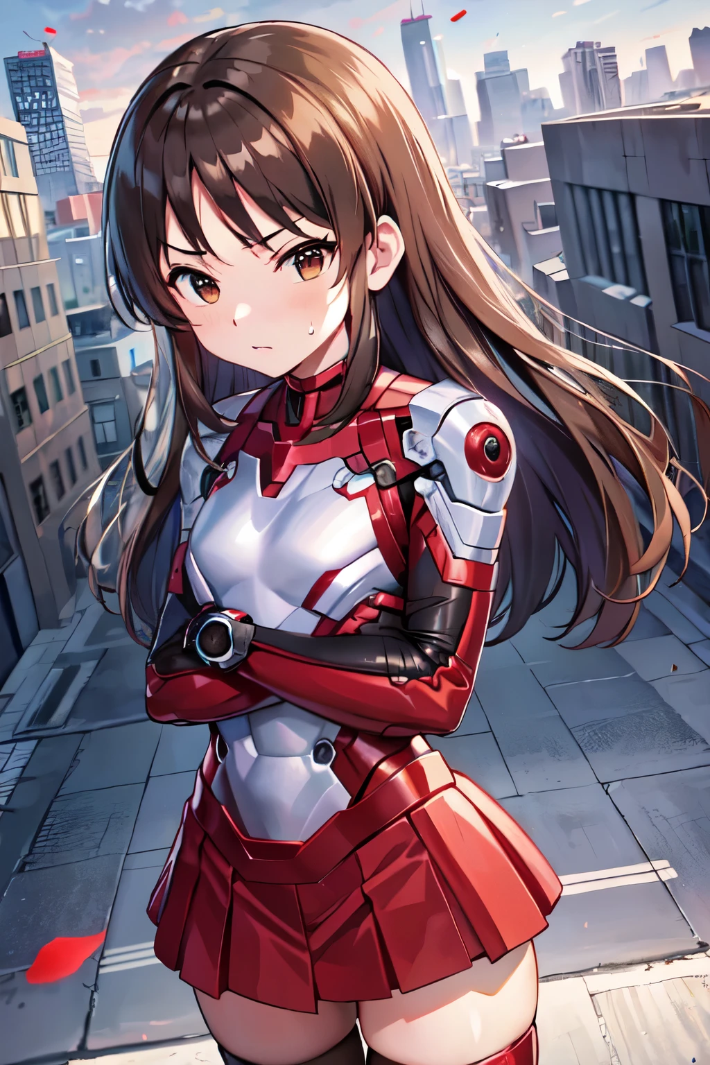 (((Tachibana　Alice、iM@S)))Primary school students、child、Long Hair、((Small breasts、Small breasts、child体型、Angry、injured body、Blue ribbon))、((Silver Iron Man suit、Crotch crack))、City of night、Rooftop、Boxing stance、8 year old 、Realistic body、battlefield、Fight the enemy、A body covered in scars、Struggled、Sweating profusely