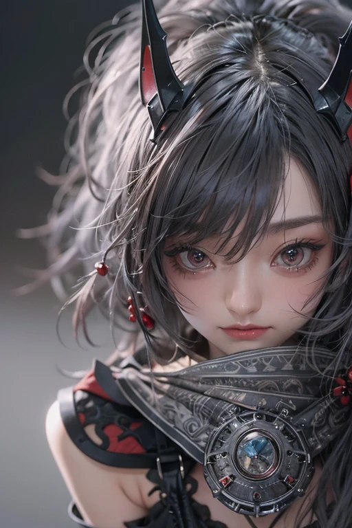 top-quality、8K、​masterpiece：1.3、Gothic punk、Red inner color、A grey dark-haired、hair adornments、a beauty girl、creative、dark fantasy style、Neogos、punk shirt Fashion：1.2、hight resolution、​masterpiece、top-quality、headw:1.3、((Hasselblad photo))、Fine-grained skin、Sharp Focus、(lighting like a movie)、Realistic texture