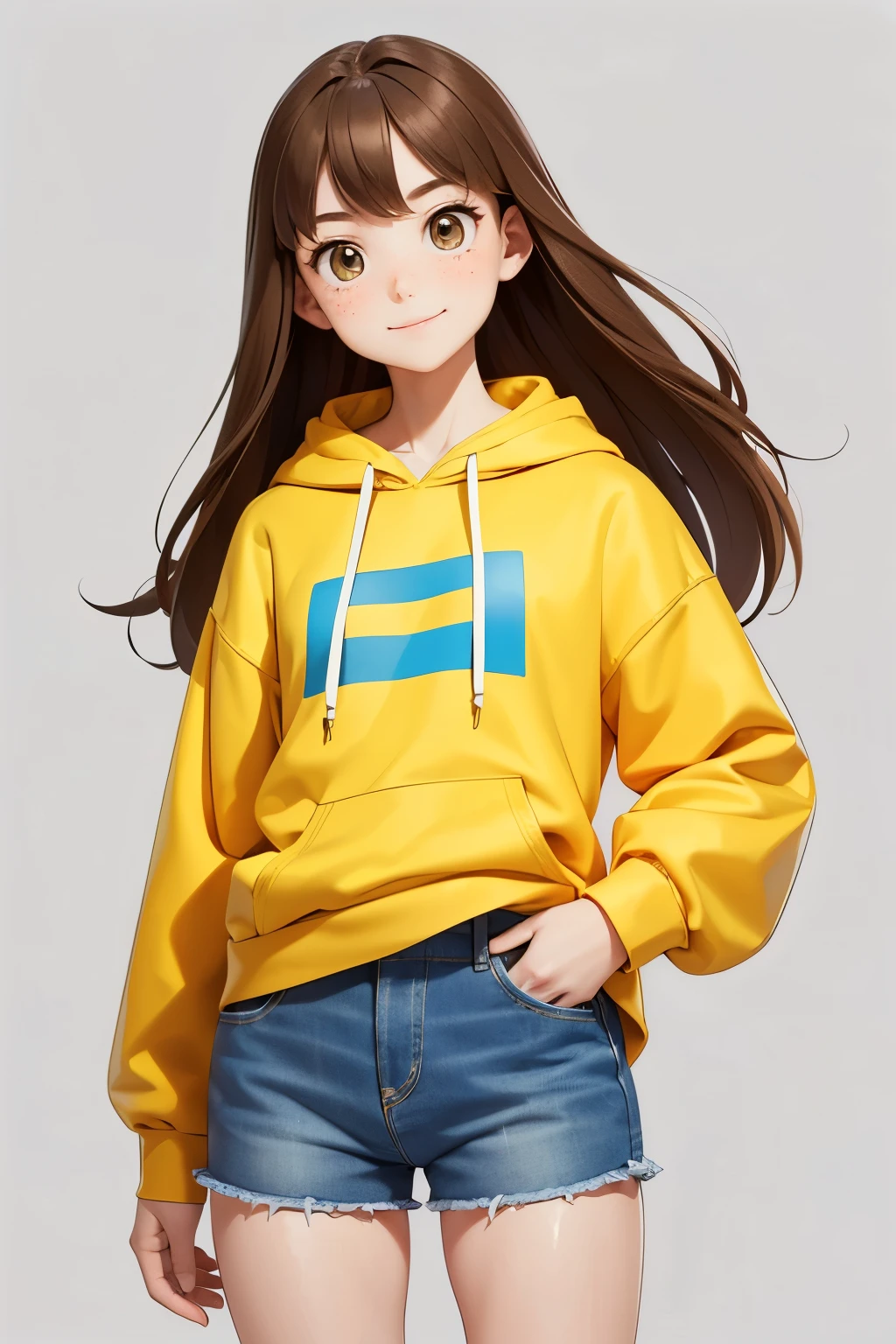 (highest quality:0.8), (masterpiece), Very white skin, Long Hair, Brown Hair, Light brown eyes, feminine, slender,Are thin, freckles, Tilt, elegant, elegant, cute, smile, cute, Hilarious, Denim shorts, Yellow hoodie、Simple Background、Single color background