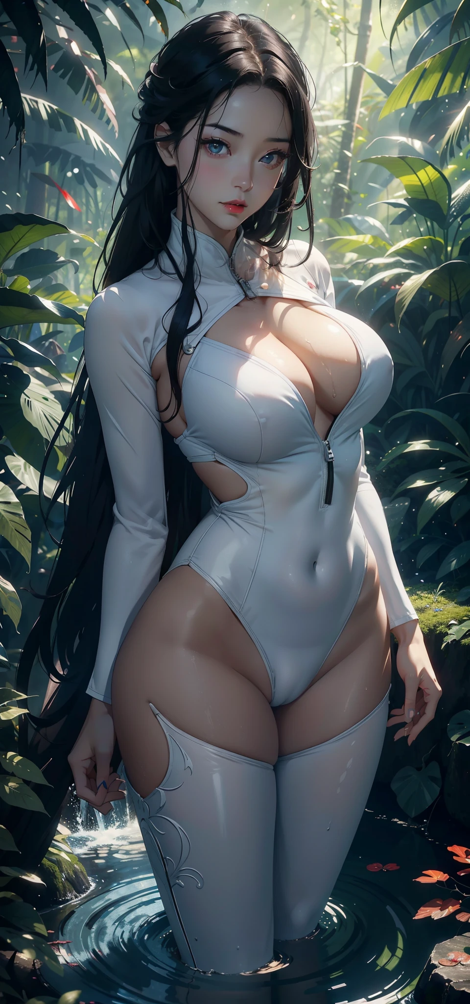 1 female,Large Breasts(background:In the woods,Rainforest,In the summer,pool) She has short black hair,,Straight Hair,Red lips,Standing in the water,Front view, OK, Gloomy sky,(((masterpiece),(Highly detailed CG Unity 8k wallpaper),最OK质量,Light,详细background,beautiful eyes,(Very delicate and beautiful),(Beautiful and detailed description of the eyes),Ultra Detailed,masterpiece,)),face camera,high resolution,Ultra Detailed),Exposing breasts,Exposing genitals, Convex,Camel toe,Sexy bulge,Chinese Navy(wear:white diving suit)