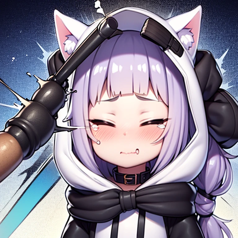 Masterpiece, 8k, Best Quality, Highly detailed, depth of field, 1girl, animal ears, white animal hood, bangs, cat hood, black collar, heart hair ornament, hood, hood up, white hoodie, long hair, purple hair, solo, hands own head, tearing up, tears, trembling, wavy mouth, opened mouth, virtual youtuber, closed eyes, chibi, looking at the viewer, baseball bat, (hit on the head:1.4), HornyJail, chibi, emoji, icon, white background,