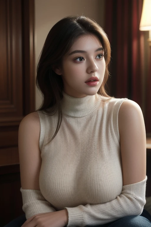 best quality, masterpiece, (realistic:1.2), 1 ultra hot woman, waist up pose , upper knees pose , front view, realistic skin texture , curtain fringe messy hair, brown messy hair, human skin imperfection, blackout lighting, ripped sleeveless cropped turtleneck, big breast, facing the camera, no makeup on, natural face, natural eyelashes, natural light,