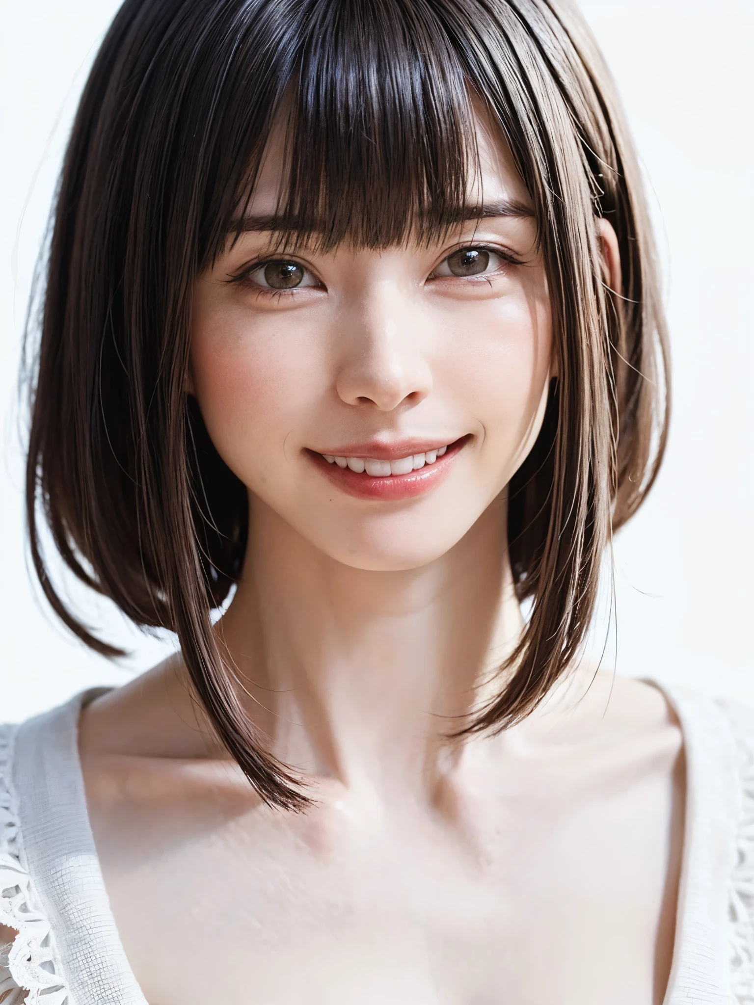 1 girl, alone, Shiny skin, chest, very detaileded, ultra detaileded, Ultra-high resolution, (Photorealism:1.4), (highest quality), (Best Shadow), detailed, Perfect lighting, Black Hair, ((Showpiece, highest quality, High precision)), One Girl, (big chest, Realistic: 1.4), (look up at the camera even a little, カメラをlook up, look up, look up at the camera, Looking into the camera))), alone, , White Background, snow-White Background, shut up., smile, pretty Black Hair, short hair:1.6, Big eyes, Transparent double eyelids, eyelash, listen, Long neck, 美しいLong neck, Absolute area, ((Face close-up, short hair with bangs、Short Bob Hair:1.5)), 28 years old, Attractive proportions, Shiny skin, Beautiful clavicle, Golden ratio face, Perfect Face, Teardrop-shaped mole, chestのほくろ, bangs, clean bangs, beautiful bangs, Lip gloss, Thin lips, White skin, I took off my clothes, big chest, Small face, Small face, 少し上を向いてLooking into the camera, ((smile a little for the camera, really nothing pure White Background, Listen carefully、very big big chest, big chest、Dynamic Angle:1.5))
