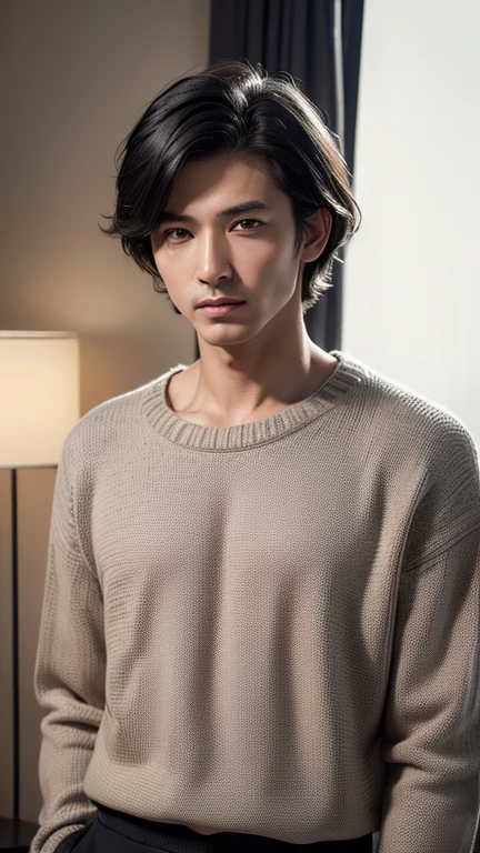 (highest quality, masterpiece, High resolution:1.4), (Realistic, RAW Photos:1.2), (alone), (male:1.5), (Asian:1.7), Modeled, (good looking:1.3), (dark blown eyes:1.2),Shoot from the front,(50 years old), (black hair:1.3), (Super Short Hair:1.2), (sweater:1.3), Midnight,(In the room, In a luxury hotel)