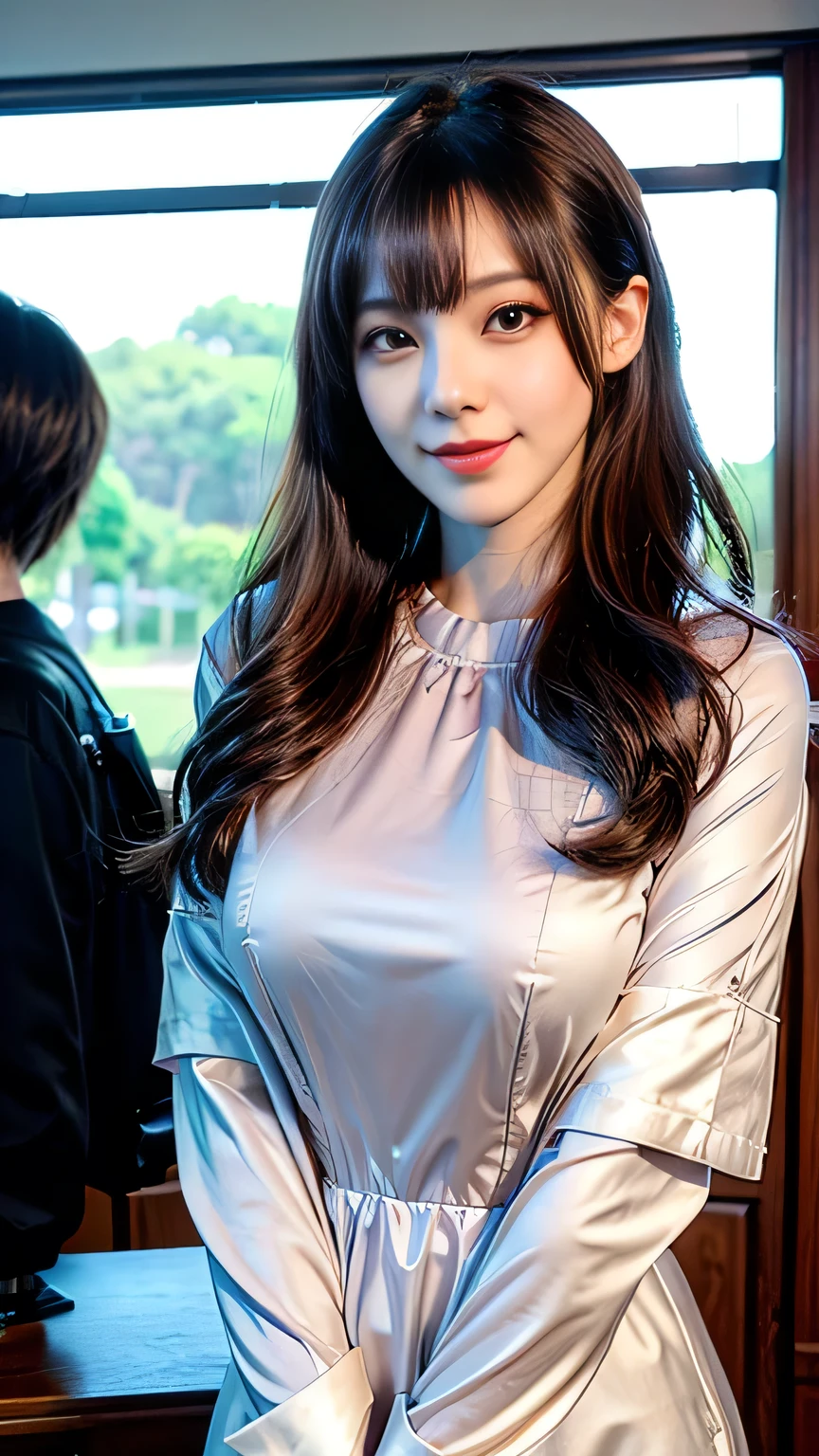 Full Body Angle、((highest quality, 8K, masterpiece: 1.3)), concentrated: 1.2, Cute girl 1,Nipples erect、 Perfect beauty: 1.4,Short sleeve blouse with round neck and frill design in cotton: 1.2,Long sleeve、Randall Color、comics&Text Graphics、Black ruffle-trimmed drawstring zip blouse,1.1, Highly detailed face and skin textures, Fine grain, double eyelid, whitening skin, ,highest quality,Ultra-high resolution,you,1 girl,alone,_Shiny_skin,Iris,necklace,((Brown_length_Wavy_hair)),(lips)),eyelash,Front hair,deal with,compensate,Shiny,pore,skin texture,Large Breasts、smiling face、Game room、