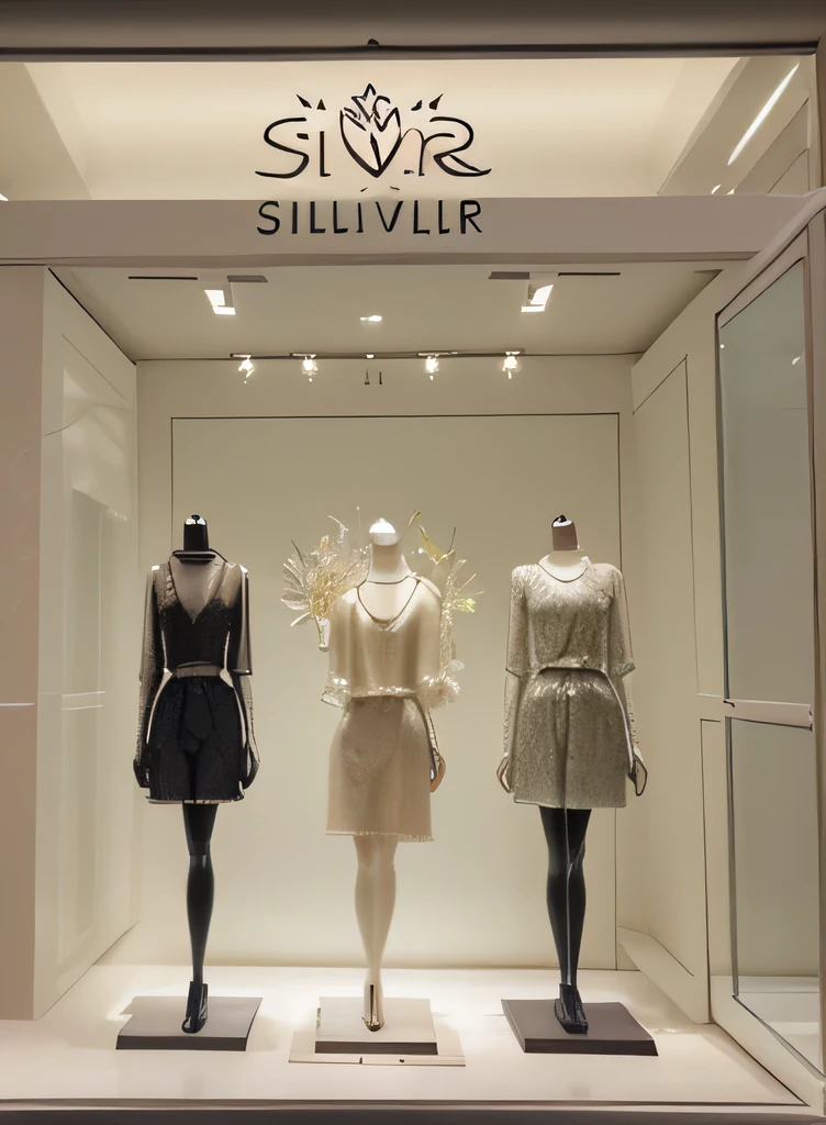 luxury clothing store window, with the name SILVIERLI ((SILVIERLI)) clothes made from lotus flower fiber , lotus flower in the window, basic and stylish clothes, lotus flower in decoration 