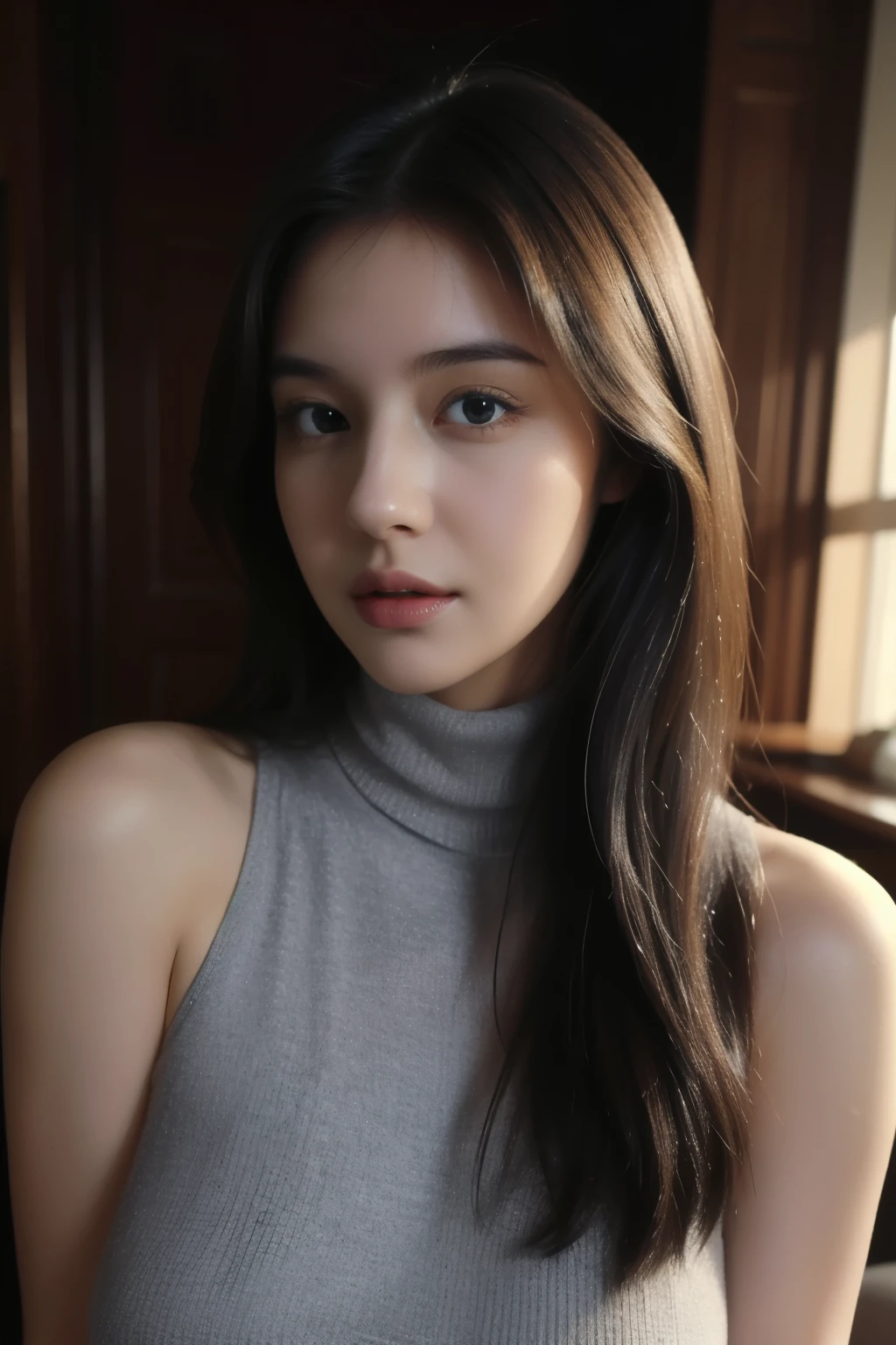 ((dressed)), (photo realistic:1.4), (hyper realistic:1.4), (realistic:1.3),
(smoother lighting:1.05), (Improve the quality of cinematic lighting:0.9), 32k,
1 girl, 30 year old girl, perfect face, beautiful face, sweater, turtleneck, sleeveless, bare shoulder, gorgeous, gorgeous female, beautiful, perfect saggy breasts, charming, perfect female body, fancy lighting, perfect skin, soft skin.
(Enhance the mood of your body line:1.1), (Enhances the beauty of skin texture:1.1)