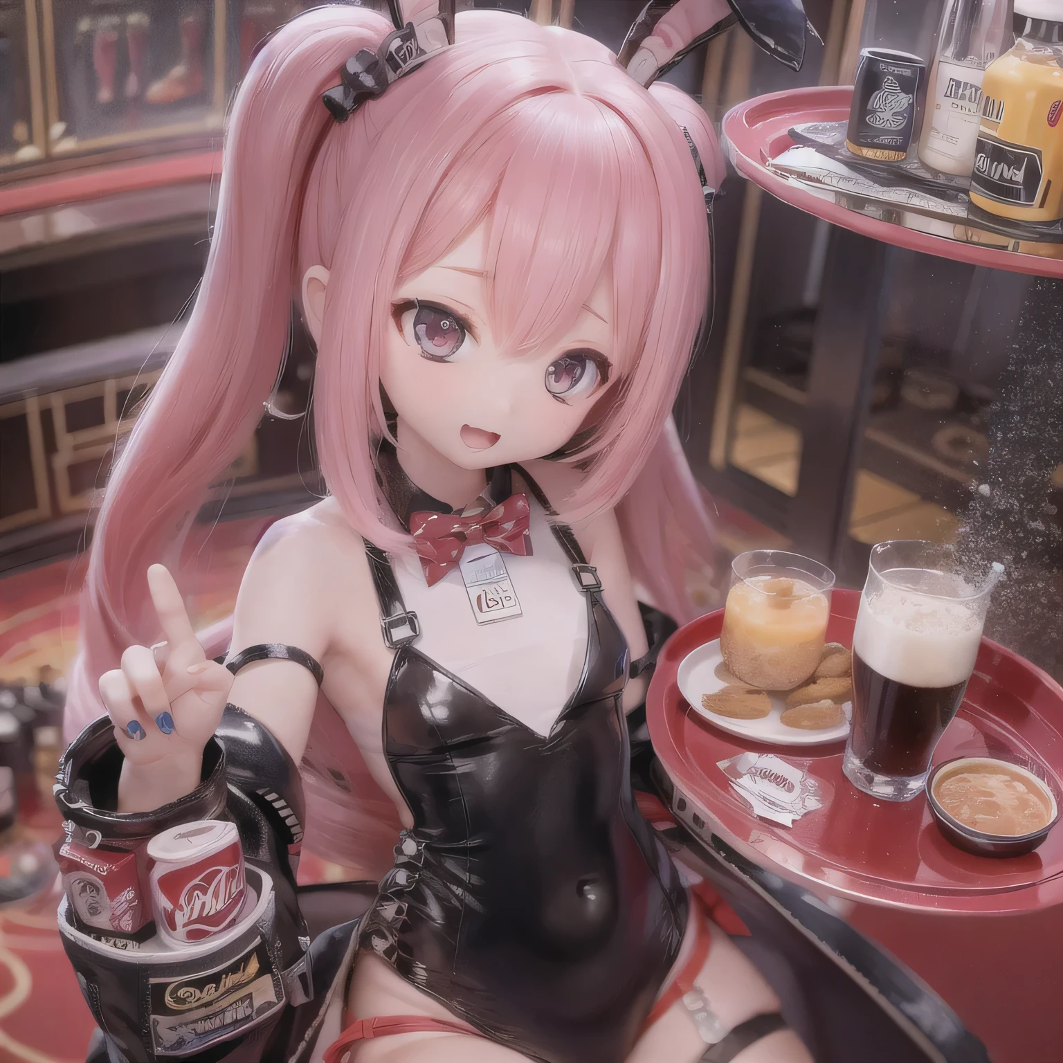 A 15-year-old boy holds a tray of alcohol in a casino。Red metallic color playboy bunny high heels on a bunny girl with nipples spilling booze on her chest。