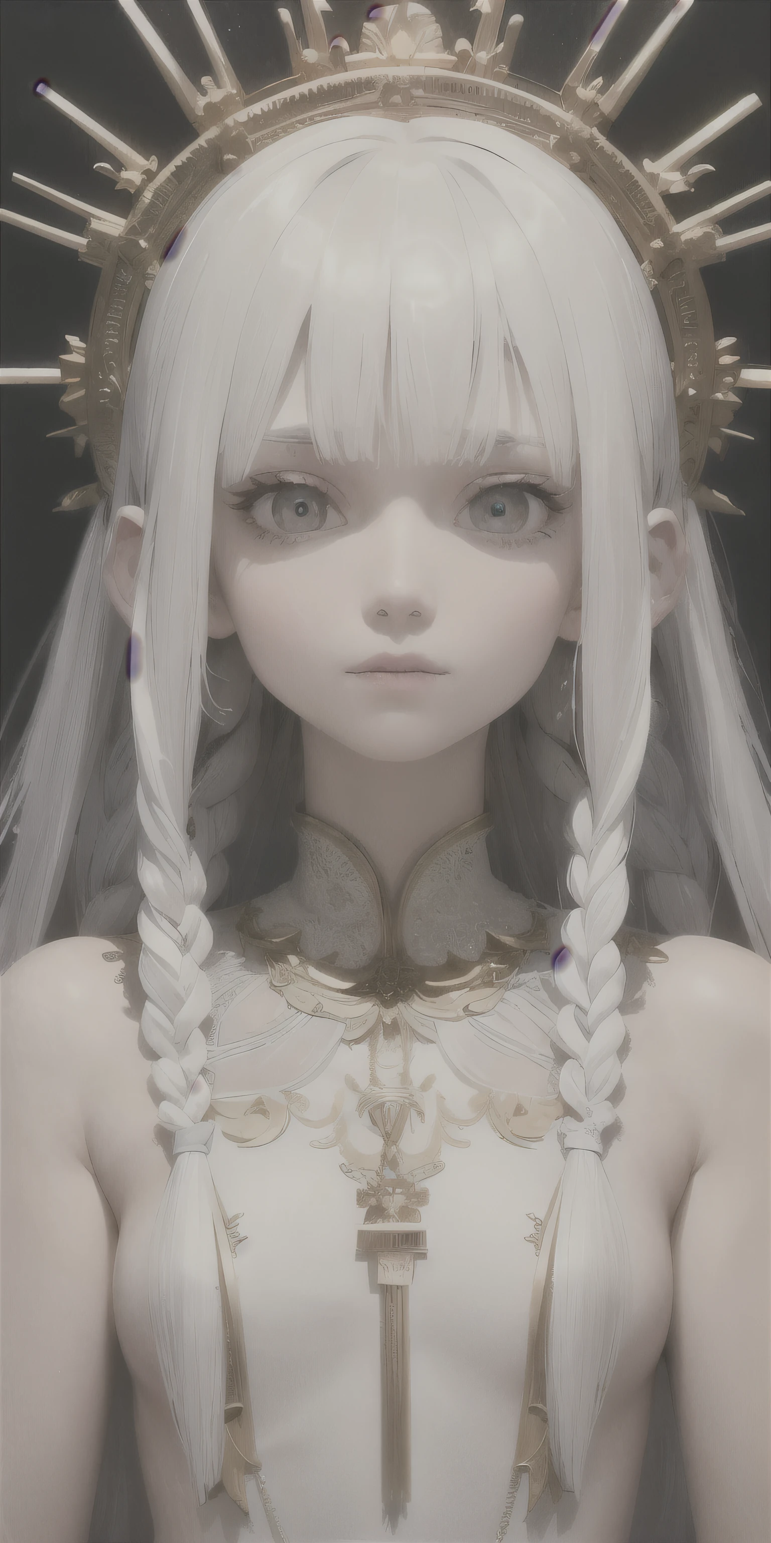 best quality, masterpiece,white hair, gold eyes,white clothes, looking up, upper body,hair strand,Fair skin,side braids