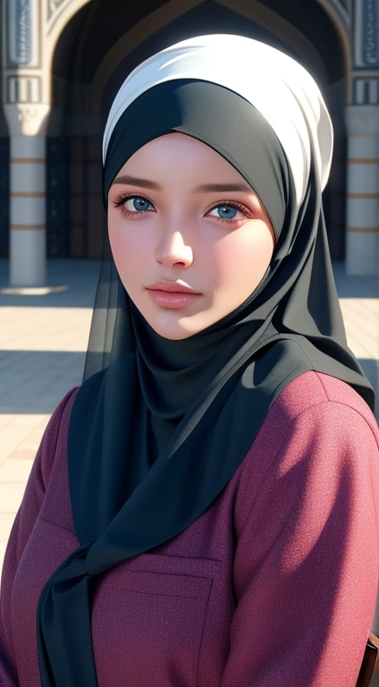 1girl, solo, beautiful face, high detailed realistic eyes, double eyelids, high detailed realistic pupils, (upon body from head to waist:1.36), (wearing hijab:1.37), (moslem headscarf:1.37), reading glasses, sitting alone on a long chair, amazing mosque park background, taj mahal, best quality, masterpiece, highres, black and white moslem female dress, Beautiful face, (upon body from head to waist:1.35), tyndall effect, photorealistic, dark studio, two tone lighting, 8k uhd, dslr, soft lighting, high quality, volumetric lighting, candid, Photograph, high resolution, 4k, 8k, Bokeh, (hyperrealistic girl), (illustration), (high resolution), (extremely detailed), (best illustration), (beautiful detailed eyes), (best quality), (ultra-detailed), (masterpiece), (wallpaper), (photorealistic), (natural light), (rim lighting), (detailed face), (high detailed realistic skin face texture), (anatomically correct), (heterochromic eyes), (detailed eyes), (sparkling eyes), (dynamic pose), (hair completely covered by the hijab:1.35), looking to viewer, muslim clothing