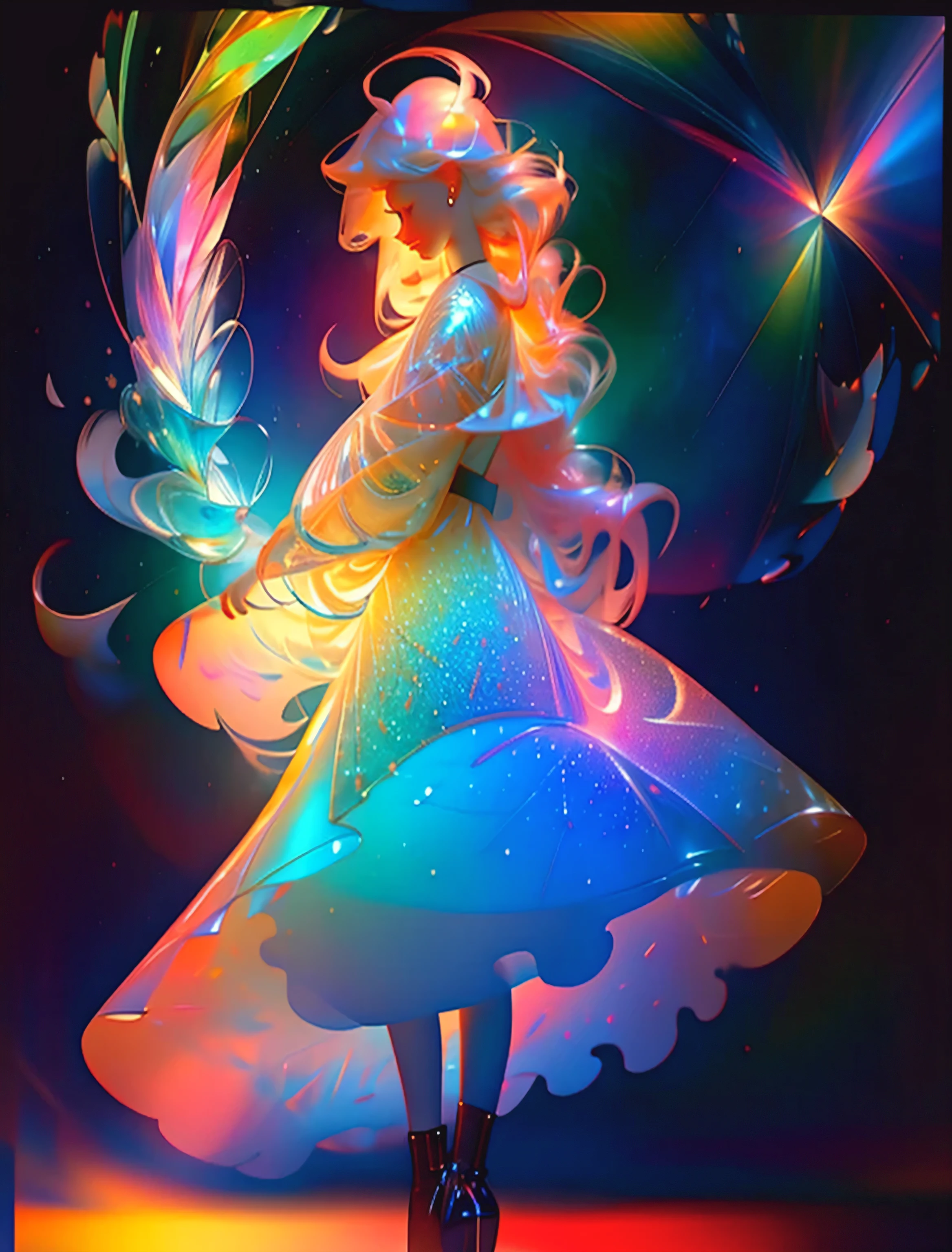 Soft glow effect, Big Star ☆Object,(((whole body))),fantasy,a big ☆object,James Jean,Floating girl female figure made of ribbon,Wearing a transparent crystal dress, starry night,Dark night sky,moon,_whole body,whole body,whole body、Exquisite golden star chain,Many asterisks,Light colored dress,Elegant Posture, rich and colorful, Soft and bright colors, Mysterious colors,panoramic,、fair crystal eyes, Big Iris, High transparency Optics gradient hair, fair, Art style, blazing,Abstract shapes, glowing particles, Depth of Field, lens flare, Light bloom,Optics bright color,Shining rainbow、Bright prism,tenderness、Optics、Optics pastel colors ,Shiny pastel colors,rainbow、It has passed, Hard Drive. (On the table:1.2, best quality), Ultra Detailed, Super accurate depiction, Super detailed depiction,,Very detailed, Contemporary Impressionism, rainbow colored painting, nffsw, nffsw, 8k, (On the table:1. 5),