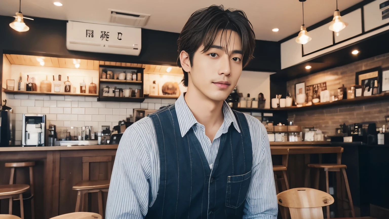 musician、A refreshing, handsome man in his 40s、(Super cool S-class guy)、Japanese Male, 30 years old、、Photographed inside the cafe、a handsome guy、(CG Unity 8K high resolution photo)、(Very detailedSクラスのa handsome guy性)、(Realistic)、(highest quality))、Very detailed、super high quality、expensive、audience、kind person、Very beautiful hair Perm Hair、Bright photo、Handsome like a model、Handsome like an idol、Looking at the camera、inside a stylish cafe