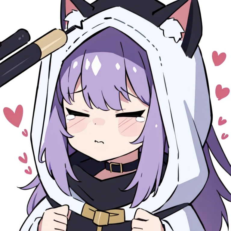 Masterpiece, 8k, Best Quality, Highly detailed, depth of field, 1girl, animal ears, white animal hood, bangs, cat hood, black collar, heart hair ornament, hood, hood up, white hoodie, long hair, purple hair, solo, hands own head, tearing up, tears, trembling, wavy mouth, opened mouth, virtual youtuber, closed eyes, chibi, looking at the viewer, baseball bat, (hit on the head:1.4), HornyJail, chibi, emoji, icon, white background