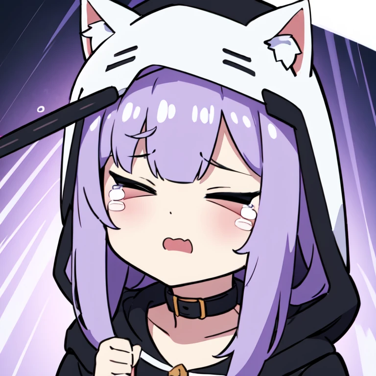 Masterpiece, 8k, Best Quality, Highly detailed, depth of field, 1girl, animal ears, white animal hood, bangs, cat hood, black collar, heart hair ornament, hood, hood up, white hoodie, long hair, purple hair, solo, hands own head, tearing up, tears, trembling, wavy mouth, opened mouth, virtual youtuber, closed eyes, chibi, looking at the viewer, baseball bat, (hit on the head:1.4), HornyJail, chibi, emoji, icon, white background