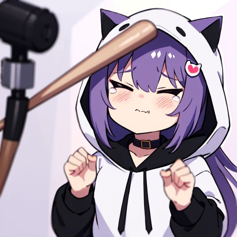 Masterpiece, 8k, Best Quality, Highly detailed, depth of field, 1girl, animal ears, white animal hood, bangs, cat hood, black collar, heart hair ornament, hood, hood up, white hoodie, long hair, purple hair, solo, hands own head, tearing up, tears, trembling, wavy mouth, opened mouth, virtual youtuber, closed eyes, chibi, looking at the viewer, baseball bat, (hit on the head:1.4), HornyJail, chibi, emoji, icon, white background