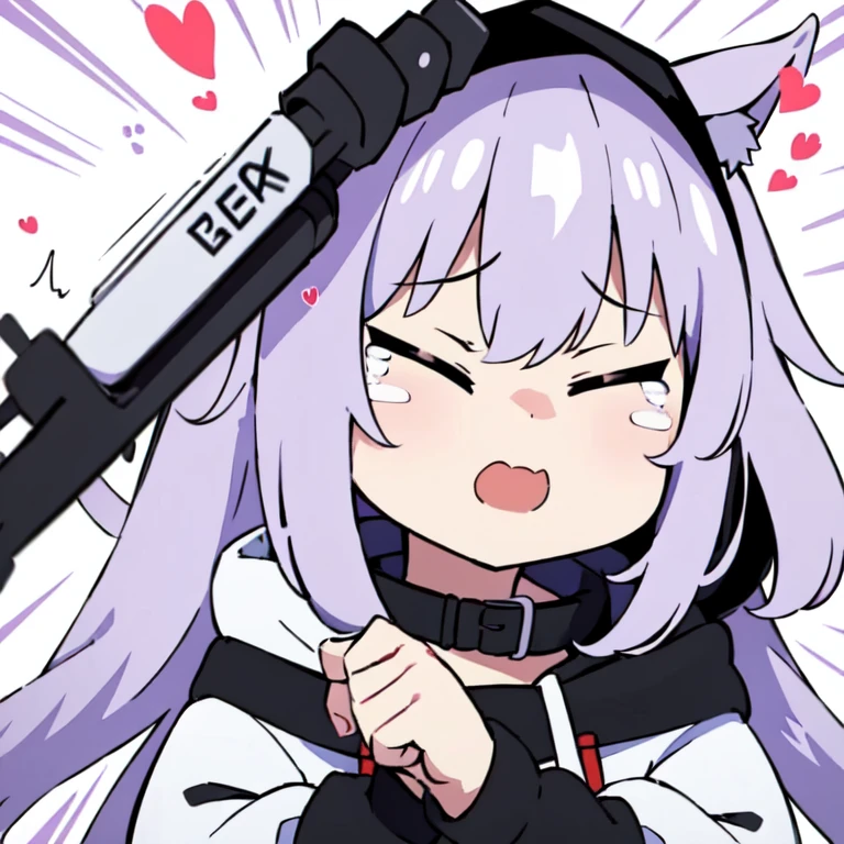 Masterpiece, 8k, Best Quality, Highly detailed, depth of field, 1girl, animal ears, white animal hood, bangs, cat hood, black collar, heart hair ornament, hood, hood up, white hoodie, long hair, purple hair, solo, hands own head, tearing up, tears, trembling, wavy mouth, opened mouth, virtual youtuber, closed eyes, chibi, looking at the viewer, baseball bat, (hit on the head:1.4), HornyJail, chibi, emoji, icon, white background