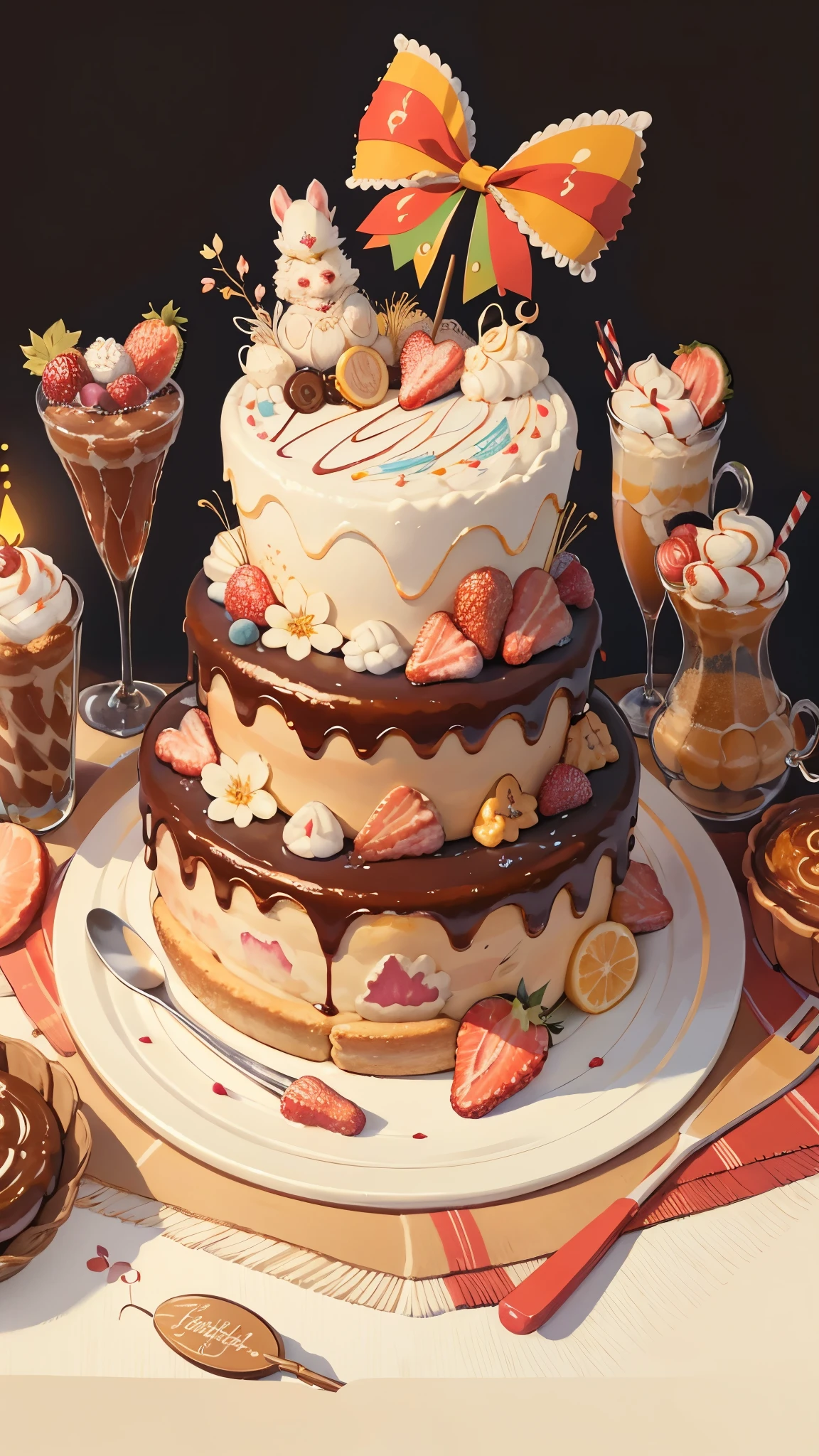 (best quality,4k,8k,highres,masterpiece:1.2),ultra-detailed,(realistic,photorealistic,photo-realistic:1.37),portraits,colorful lighting,delicious texture,layers of cream,freshly baked,candles lit,celebratory mood,vibrant colors,strawberries and chocolate decorations,lively frosting,sparkling sprinkles,dainty cake topper,birthday wishes, atmosphere,joyful celebration,sweet aroma,meticulous attention to detail,light and fluffy texture,whimsical design,delightful surprise with each bite,blissful moments,mouthwatering delight,lively and festive vibe