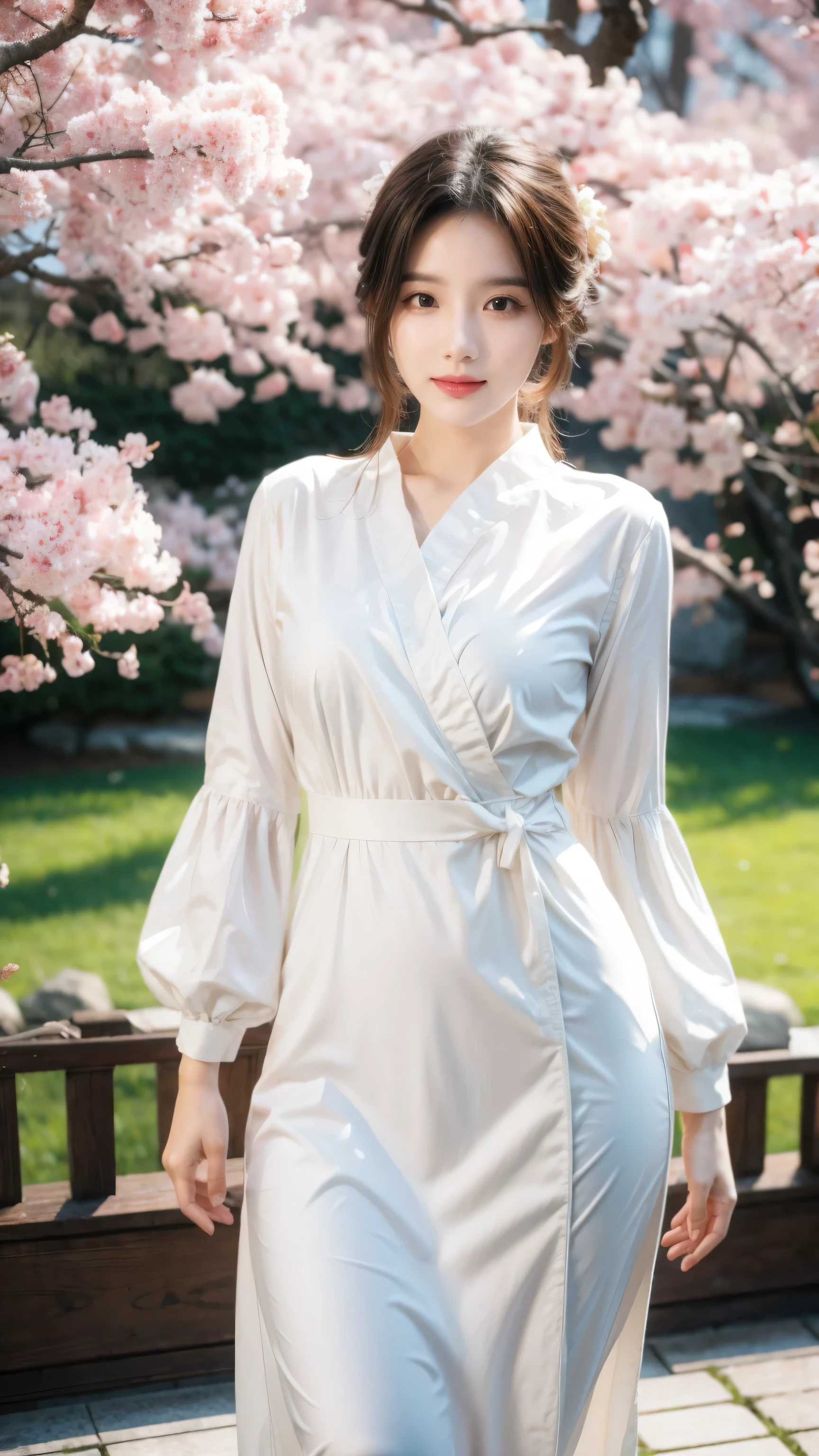 ((best quality)), ((masterpiece)), ((Practical)), A flawless girl stands in a peaceful Japanese garden，Cherry blossoms in full bloom can be seen at eye level, landscape, masterpiece, (high resolution), The original, extremely detailed 8K , (photoPractical:1.4),Flawless face, Perfect eyes,Symmetrical body shape,Smile, 