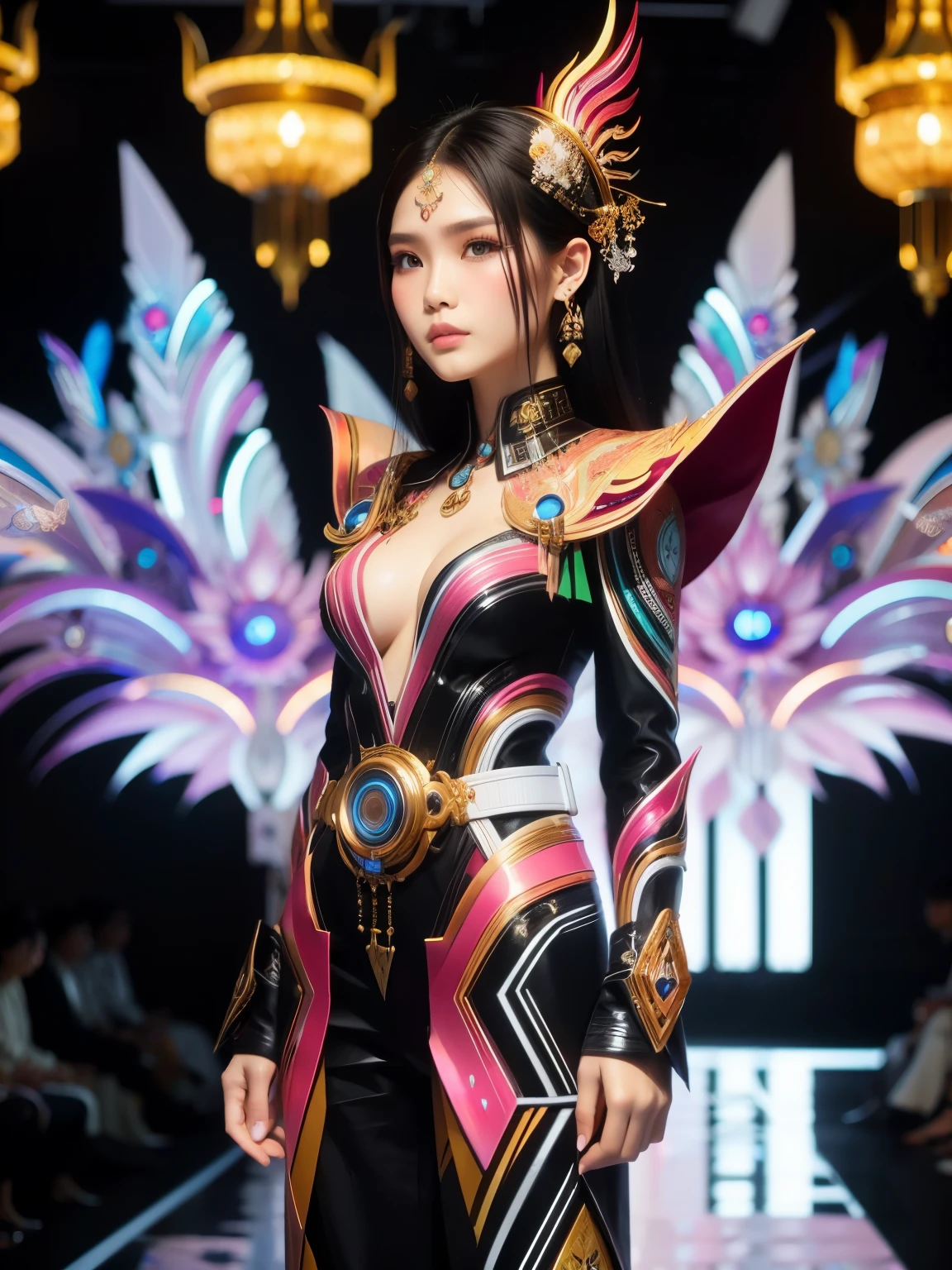 An Indonesian-styled futuristic suit worn by a girl depicting cultural fusion and modern fashion. The suit is adorned with intricate patterns and vibrant colors, showcasing the rich heritage of Indonesia. The girl stands confidently in a dynamic pose, with her detailed eyes reflecting determination and curiosity. The suit's material is a combination of traditional textiles and futuristic synthetic fabrics, giving it a unique and avant-garde appearance. The overall image quality is of the highest standard, with sharp focus and ultra-detailed rendering. The artwork employs physically-based rendering techniques, resulting in realistic lighting and shadows. The colors are vivid and vibrant, capturing the essence of Indonesian cultural aesthetics. The background features a fusion of modern architecture and traditional elements, creating a harmonious blend of the past and the future. The prompt explores the intersection of Indonesian culture, futuristic design, and the artistic representation of a confident girl