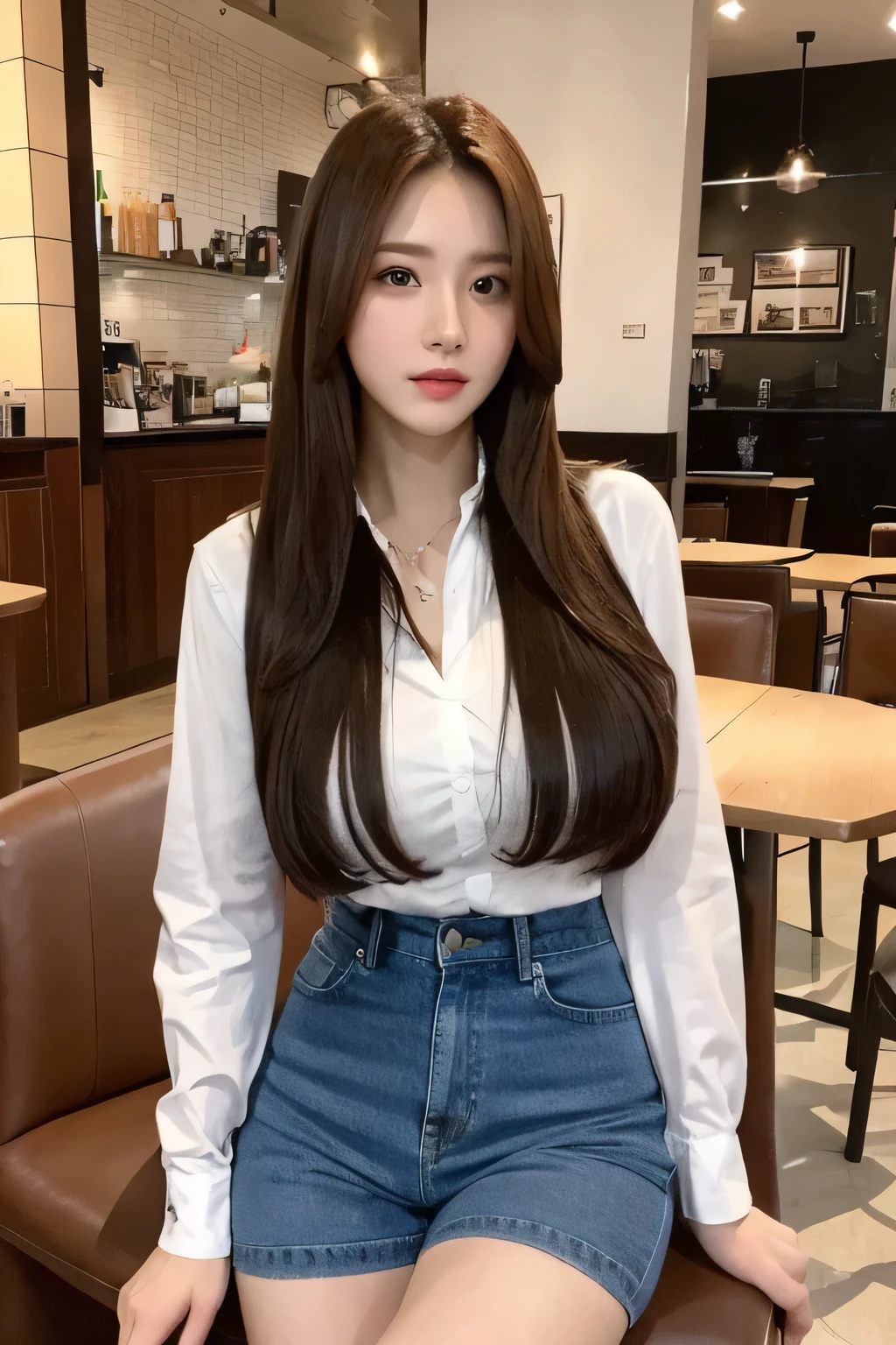 (lifelike, high - resolution:1.3), 1 girl with a perfect body, Super fine face and eye, ((long hair)), shirt:1.2, hot pants, big boob, sit on chair, cafe,
